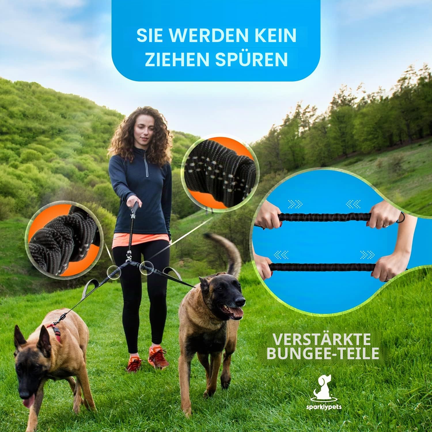 Hundeleine für 2 Hunde mit Bungee Verlängerung für Große und Mittelgroße Hunde mit Ruckdämpfer | Reflektierende Elastische Hundeleine zum Spazierengehen (Schwarz)