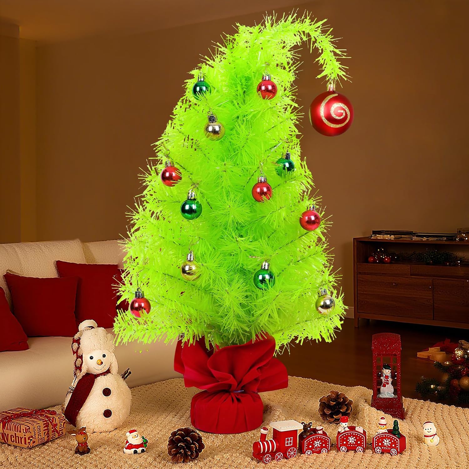2 FT Small Christmas Tree,Bendable Table Top Christmas Tree with Red Ball and Mini Ornaments,Artificial Whimsical Decor for Home Office Holiday Party