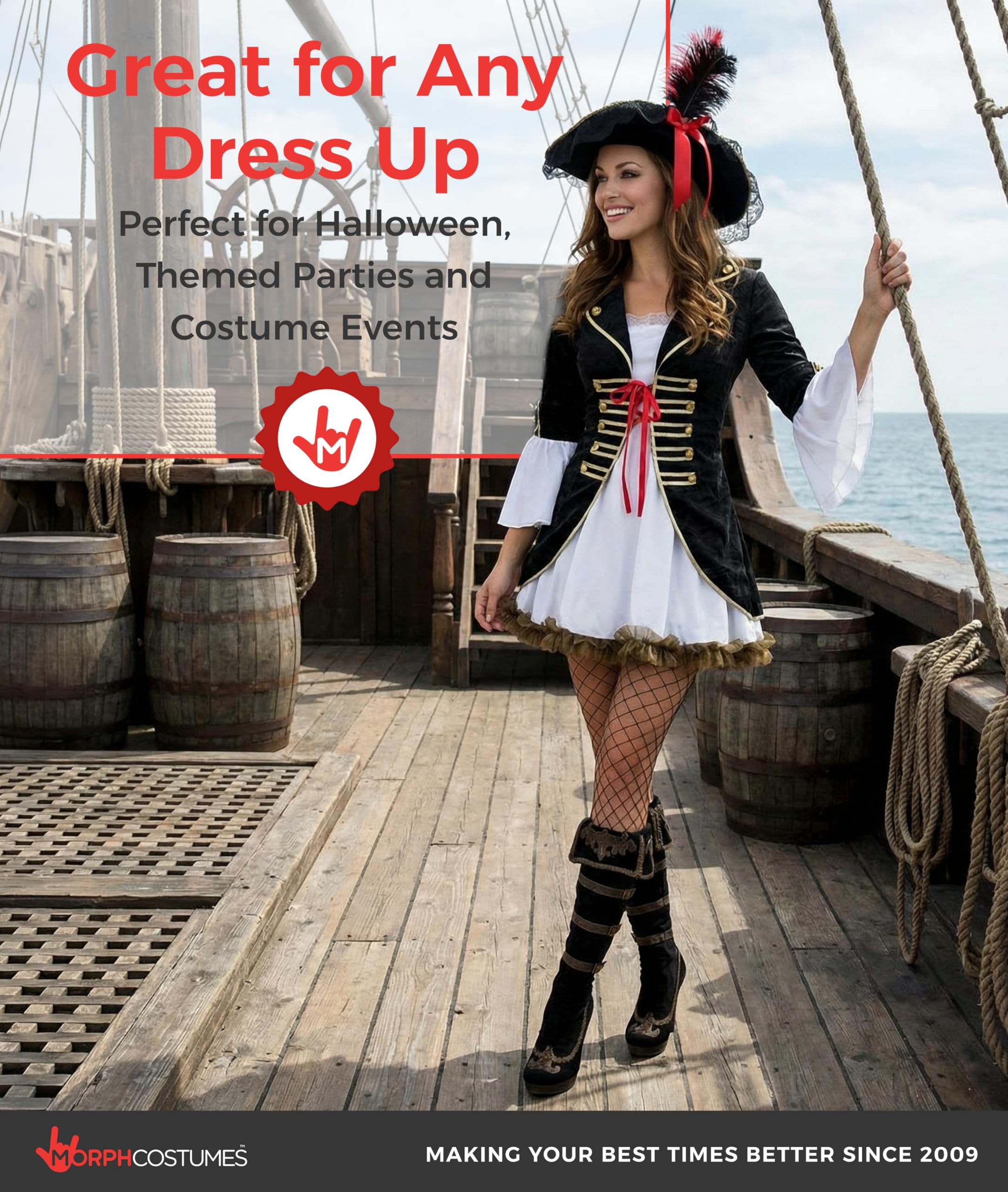 Fun Shack Deguisement Pirate Femme, Costume Flibustier Halloween Femme | Veste, Robe Noire & Chapeau, Look Flibustière Élégant, Parfait pour Halloween, Idéal pour se Déguiser