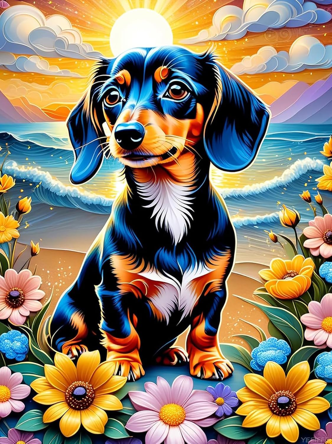 Christmas Dachshund Dog Flowers Beach Cute Dog 5D Diamond Painting Kits, Suitable for Beginners and Handmade Diamond Art, DIY for Room Bedroom Decoration for New Year, Valentine's Day 12x16 in