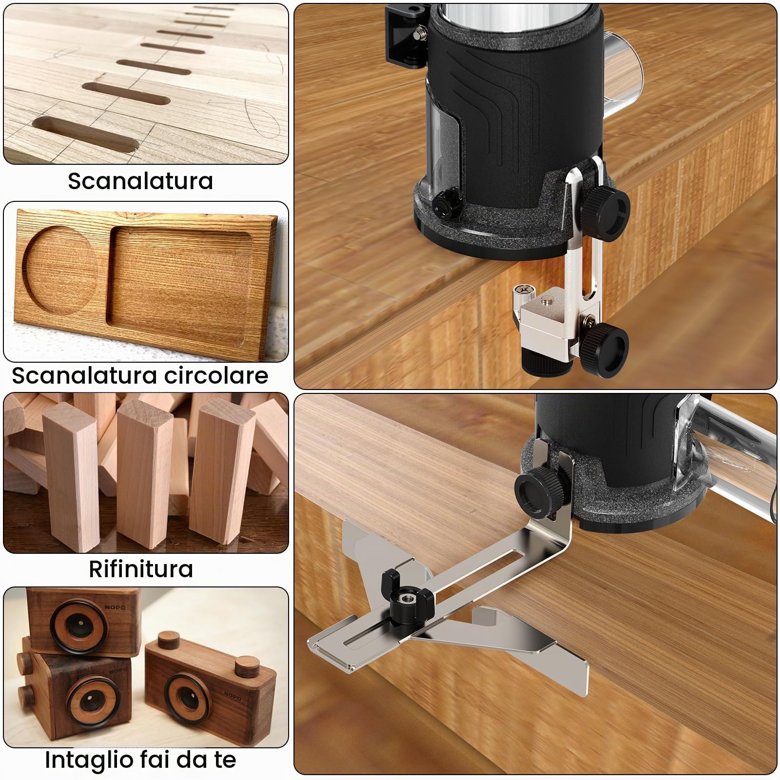 TwoWin - Fresa per legno, 6,5 A, 1,25 HP, portatile, compatta, per la lavorazione del legno, 6 velocità variabili, base fissa, per laminato, con cappuccio antipolvere, 15 punte