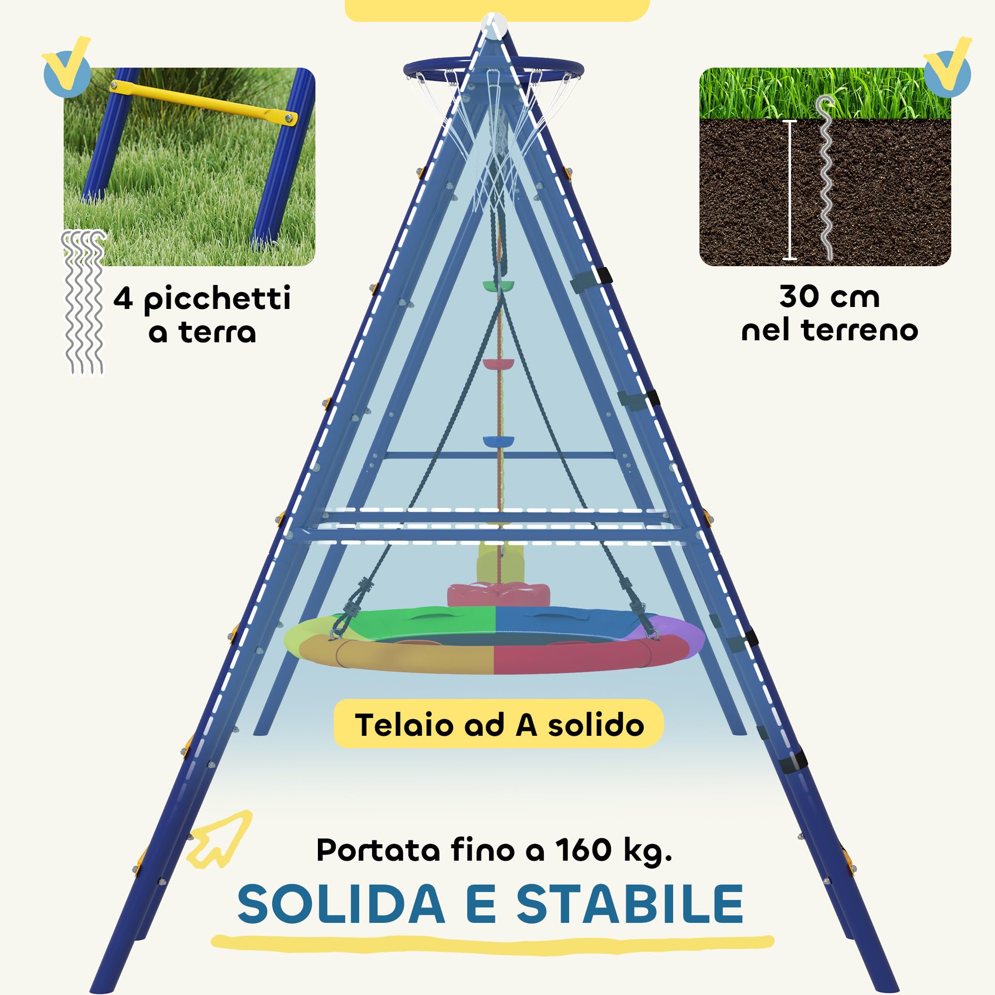 AIYAPLAY 6 in 1 Set Altalene da Giardino per Bambini 3-8 Anni con 3 Altalene, Gioco da Arrampicata e Canestro da Basket, Set da Gioco, Altalena per Bimbi per Parco, Esterno, Multicolore