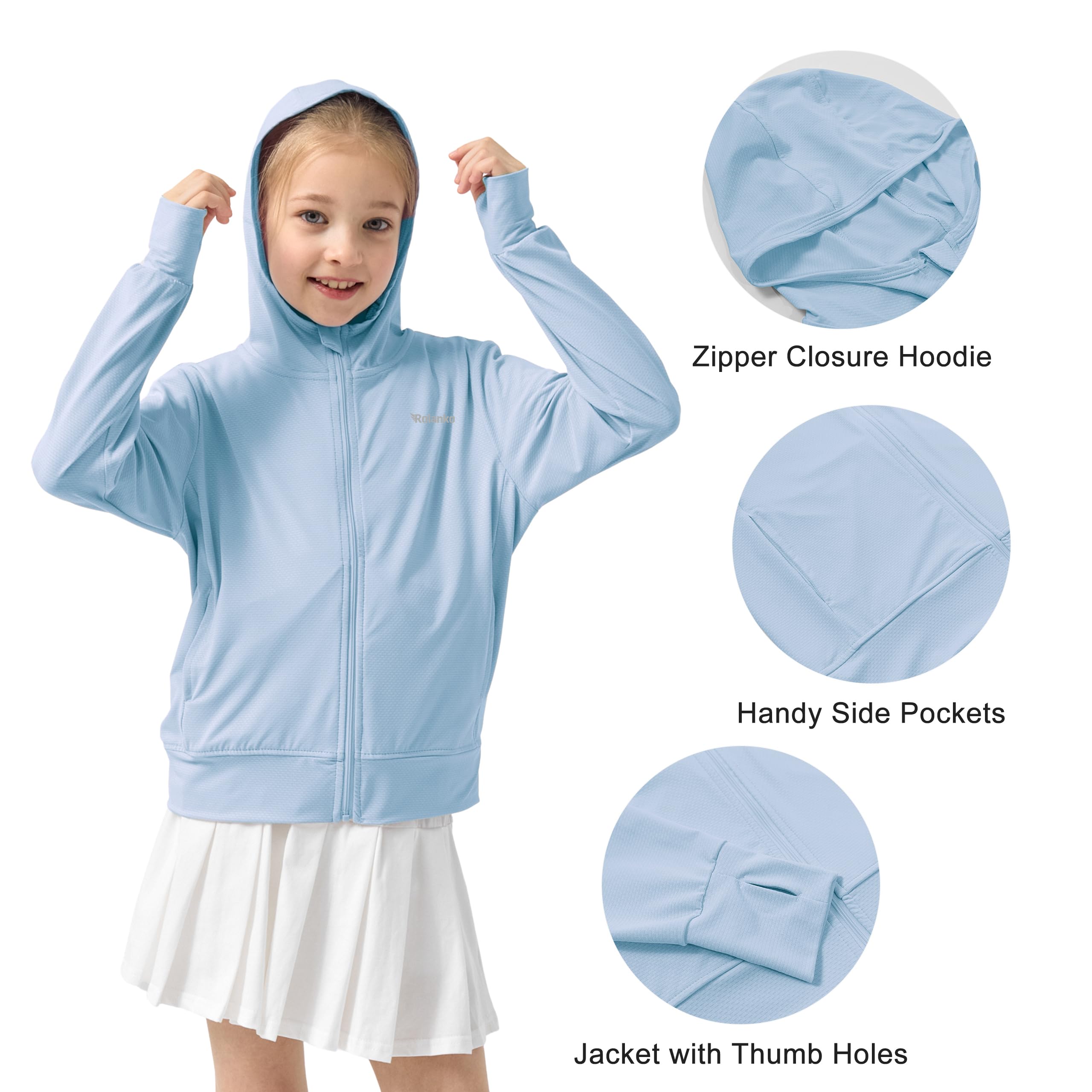 Rolanko Chaqueta de Verano para Niñas Agujeros para los Pulgares Manga Larga Protección Solar Secado Rápido Sudadera con Capucha y Cremallera Tops para Niños