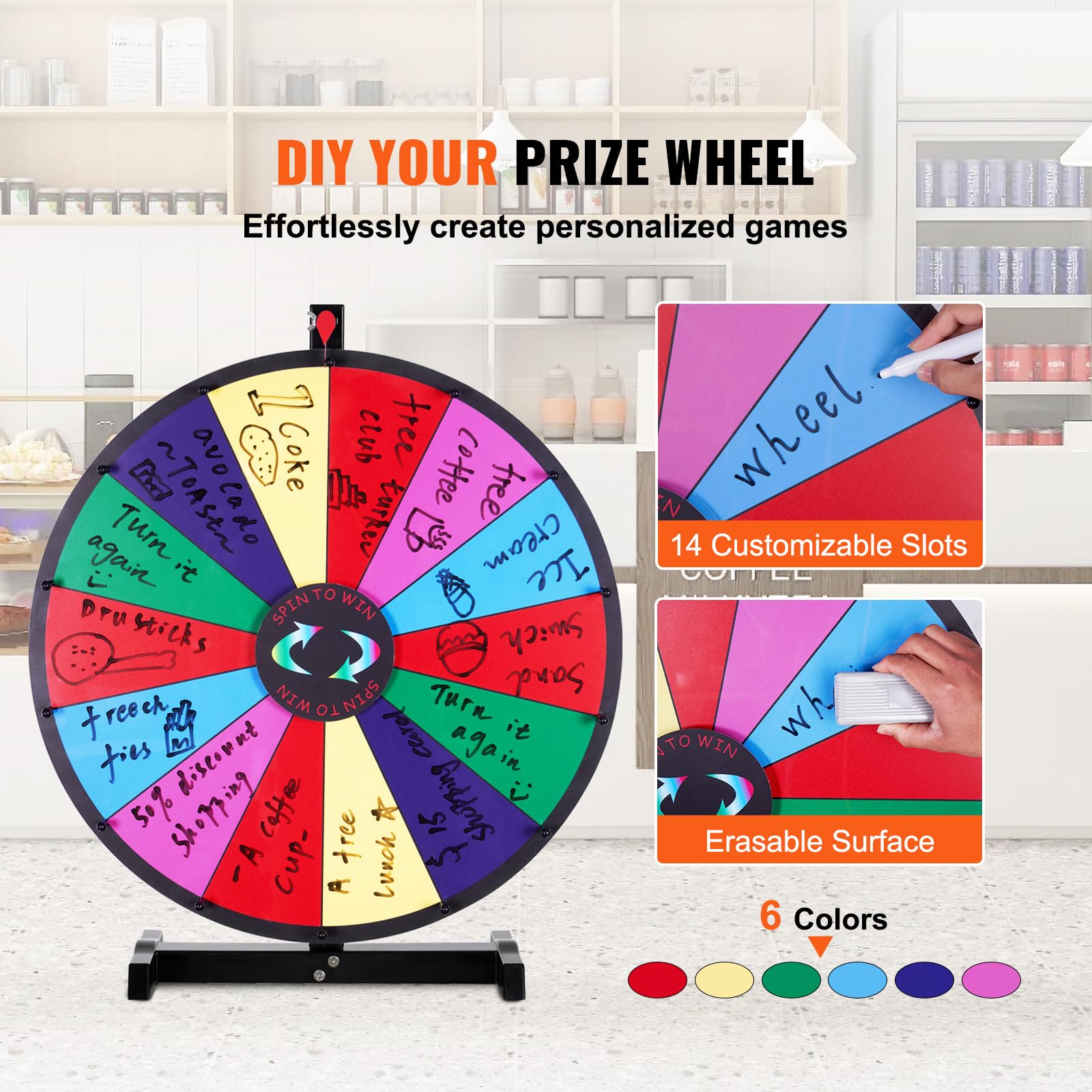 Happybuy 24-Inch Spinning Prize Wheel, 14 Slots Tabletop Spinner, Heavy-Duty Roulette Wheel with Dry Erase & 2 Markers for Parties, Trade Shows, Carnivals