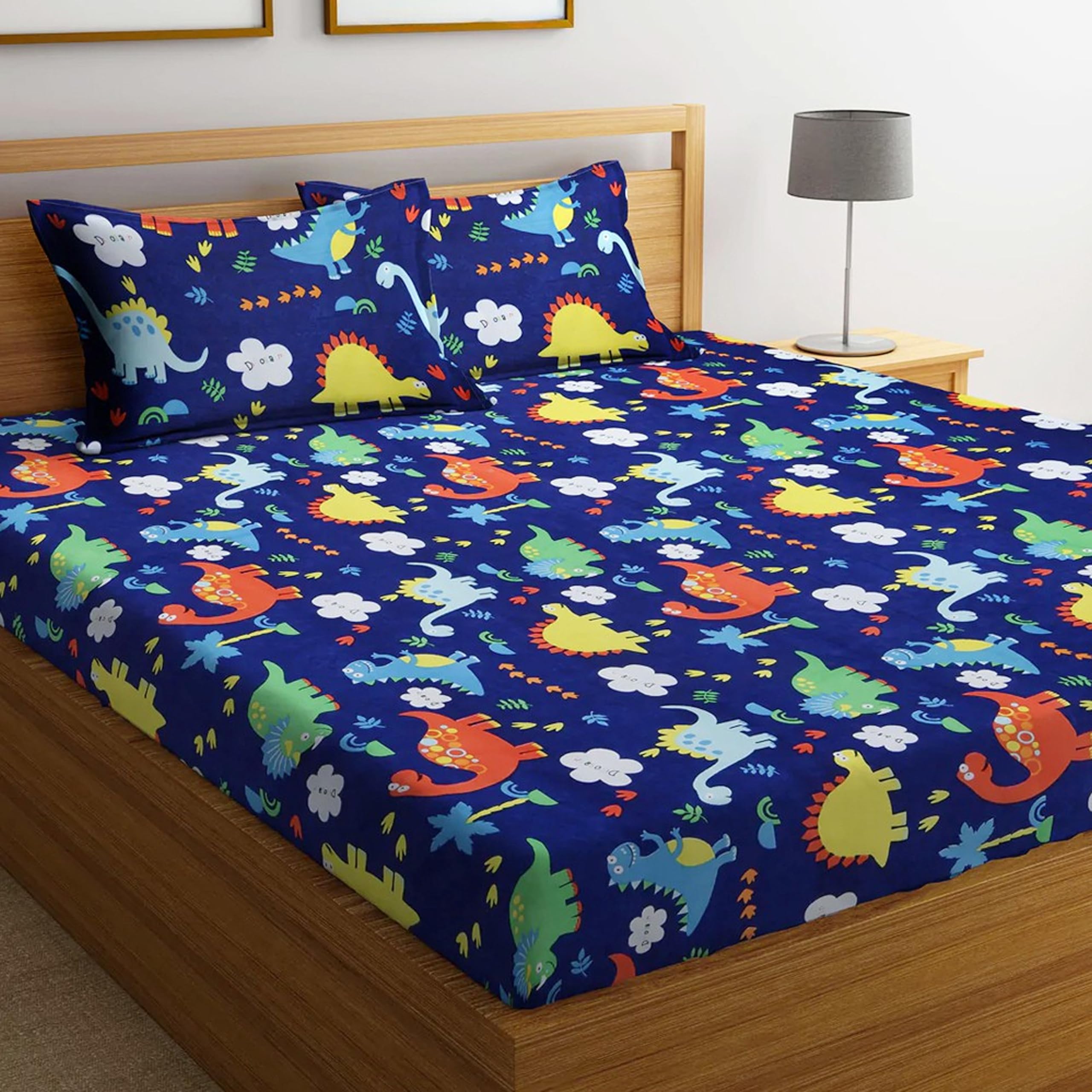 Weave & Décor Super Soft Super Comfortable Pure Cotton Feel Blue Dinosaur Kids All Round Elastic Queen Size Bed Bedsheet-image-14