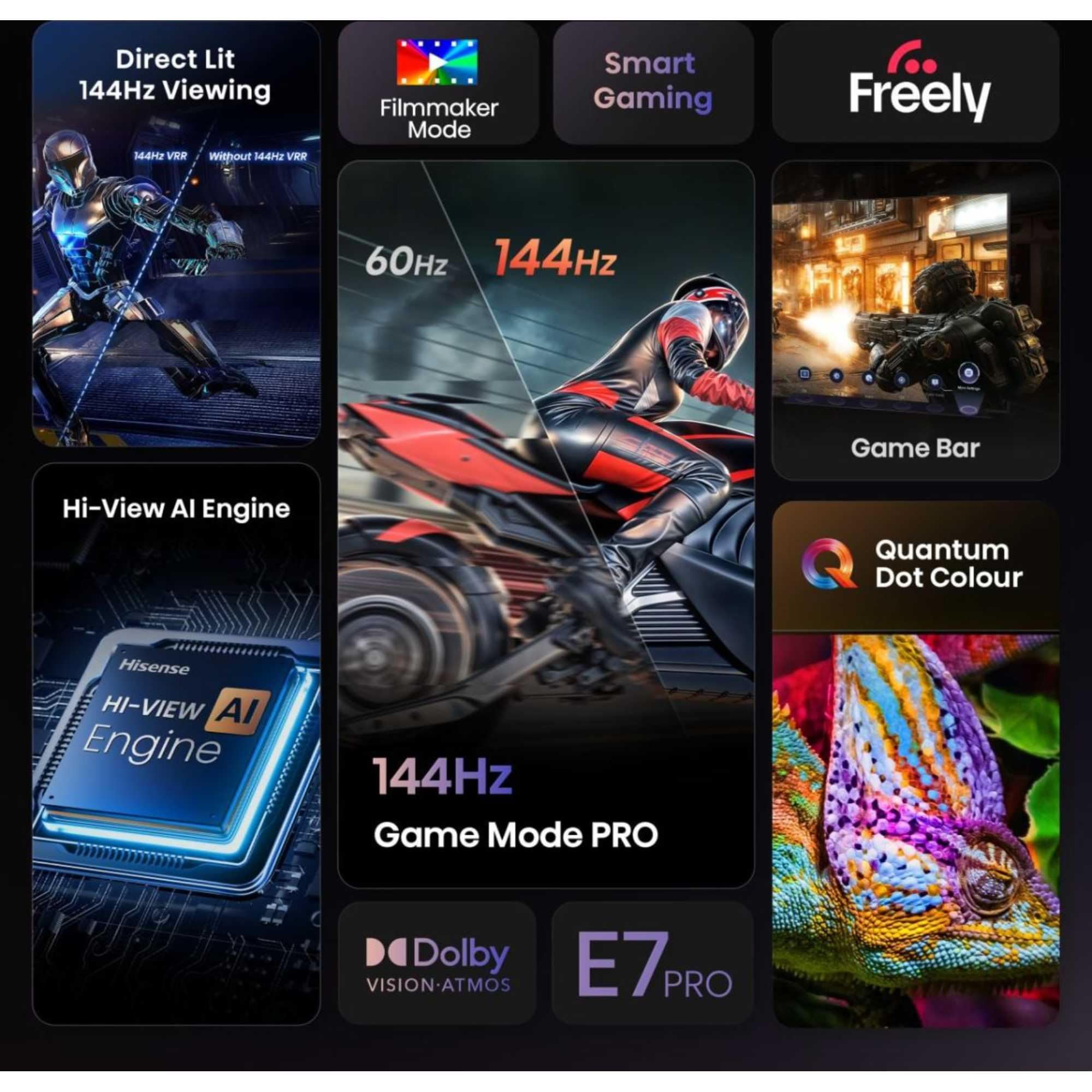 Hisense Téléviseur Intelligent AI QLED 43 Pouces 43E78QTUK Pro 144 Hz - Moteur AI Hi-View, 144 Hz Mode de Jeu Pro, Dolby Atmos, Quantum Dot Color avec Librement, Disney +, Youtube, Netflix