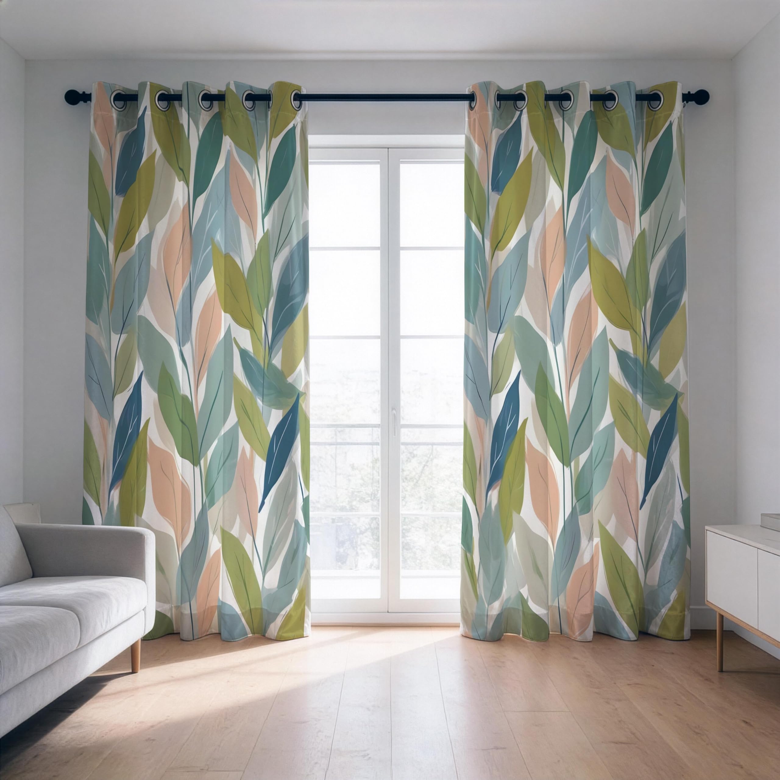 IKDZCM Blue Green Leaf Blackout Curtains, Modern Botanical Drapes, Abstract Eyelet Window Panels for Living Room Bedroom(WxH/2x85x200cm)