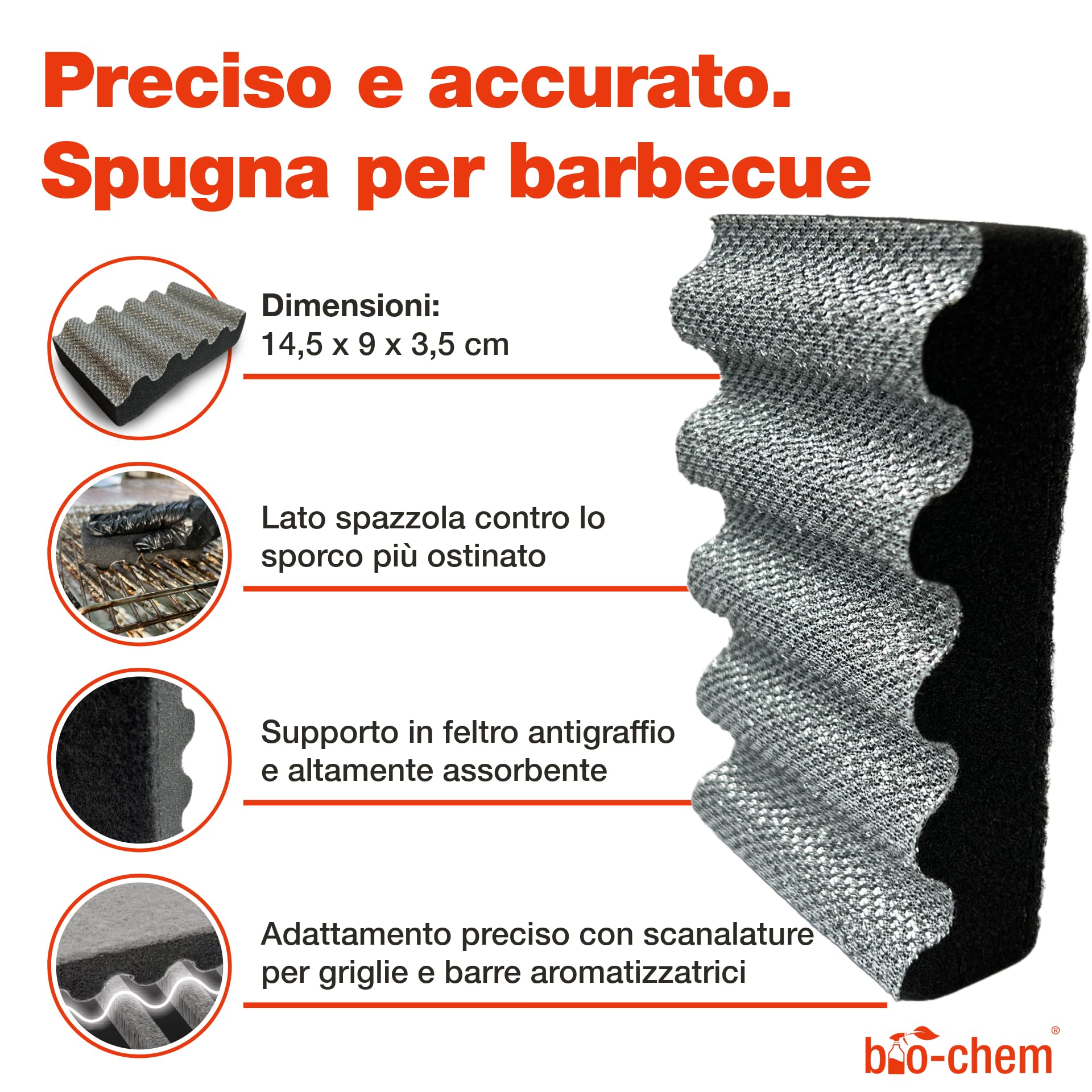 bio-chem - Detergente per Barbecue 750ml + Spazzola, Panno e Spugna - Spray per BBQ Pronto all'Uso, Ideale per L'Estate - Pulitore sgrassante per Griglie di Barbecue