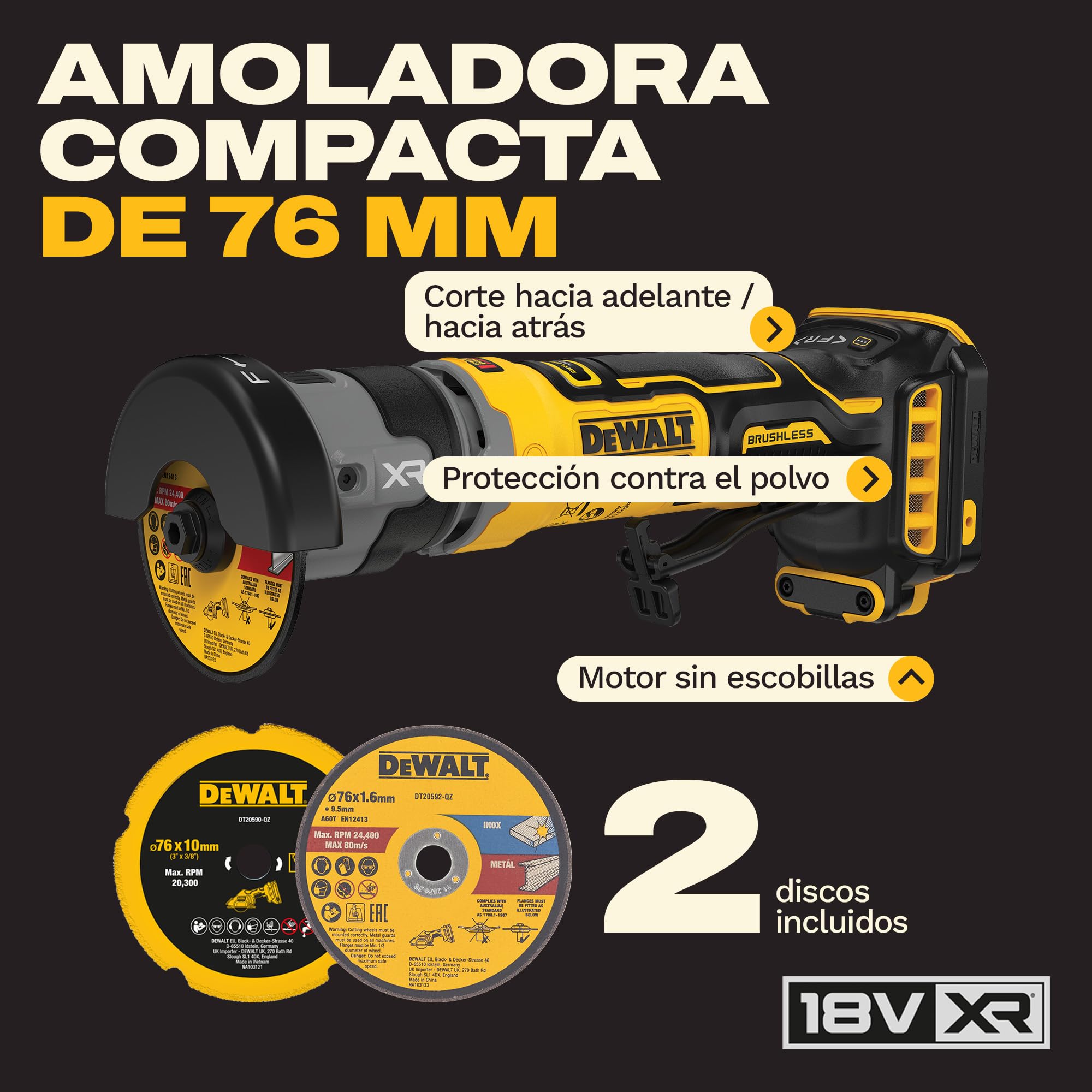 DEWALT Herramienta compacta de corte XR 18V sin escobillas de 76 mm para cortes rápidos y precisos, solo herramienta, DCG430N-XJ