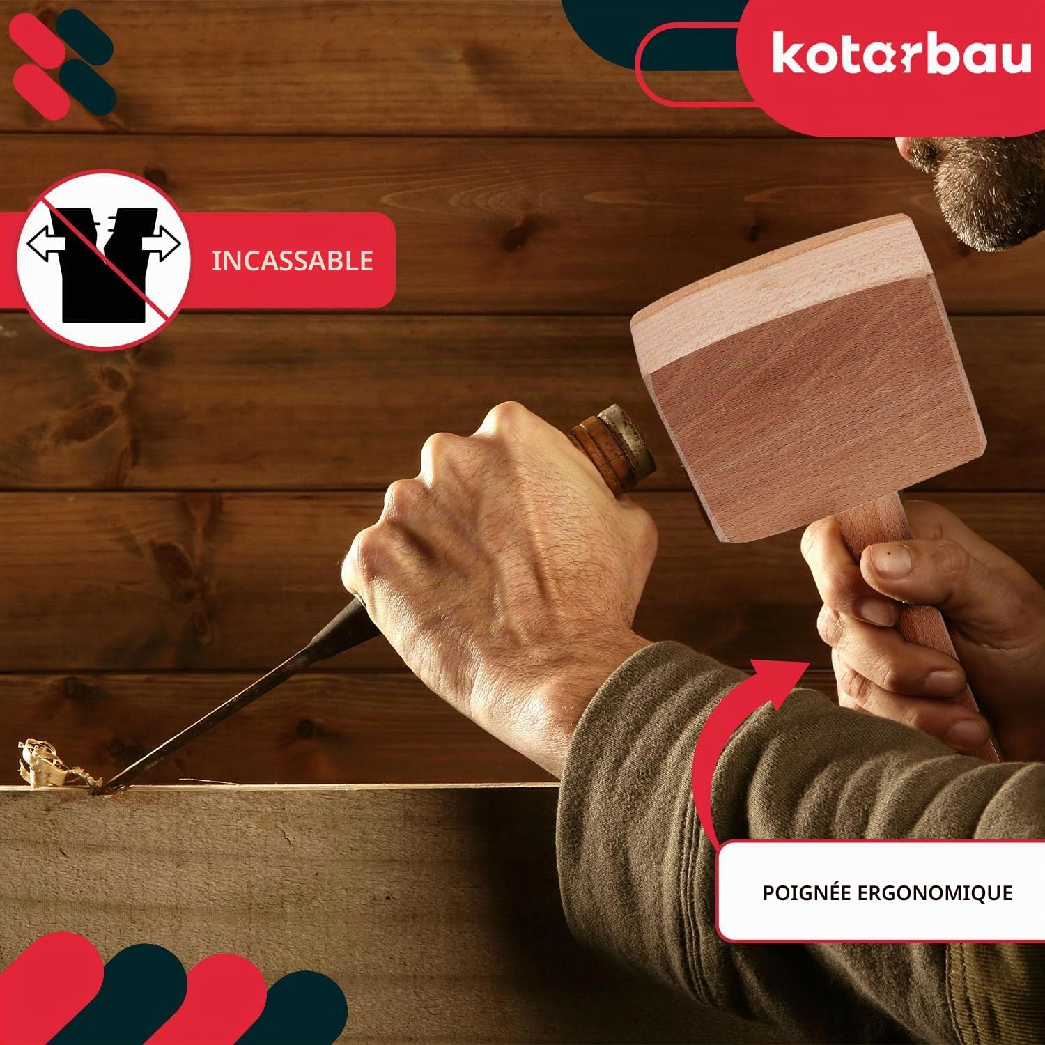 Kotarbau® - Marteau de menuisier - En bois de hêtre - Rectangulaire