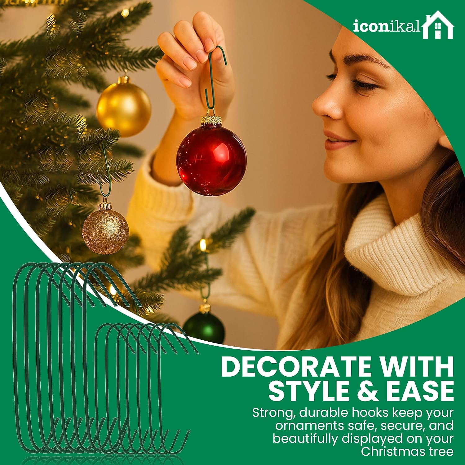 Iconikal 450 Pack Heavy Duty Green Christmas Tree Ornament Hooks - 1.4 & 2.5 Inch Mixed Sizes, Metal Wire, Holds Up to 3 lbs, Bulk Pack for Large & Small Ornaments