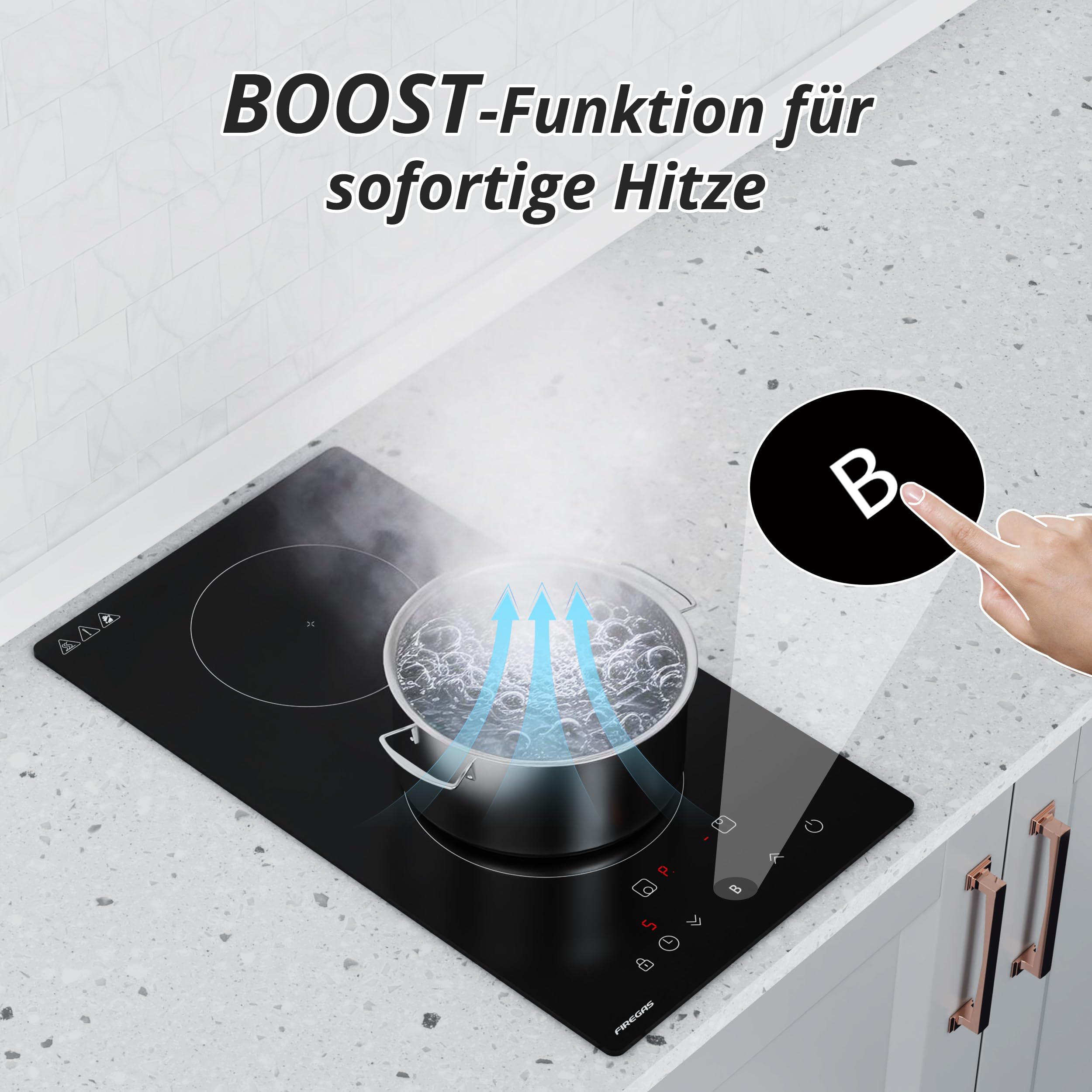 FIREGAS Einbau-Induktionskochfeld,2 Kochzonen,3700 W,9 Leistungsstufen mit Boost-Funktion,Touch-Bedienung,Timer bis 99 Minuten, Kindersicherung - 5