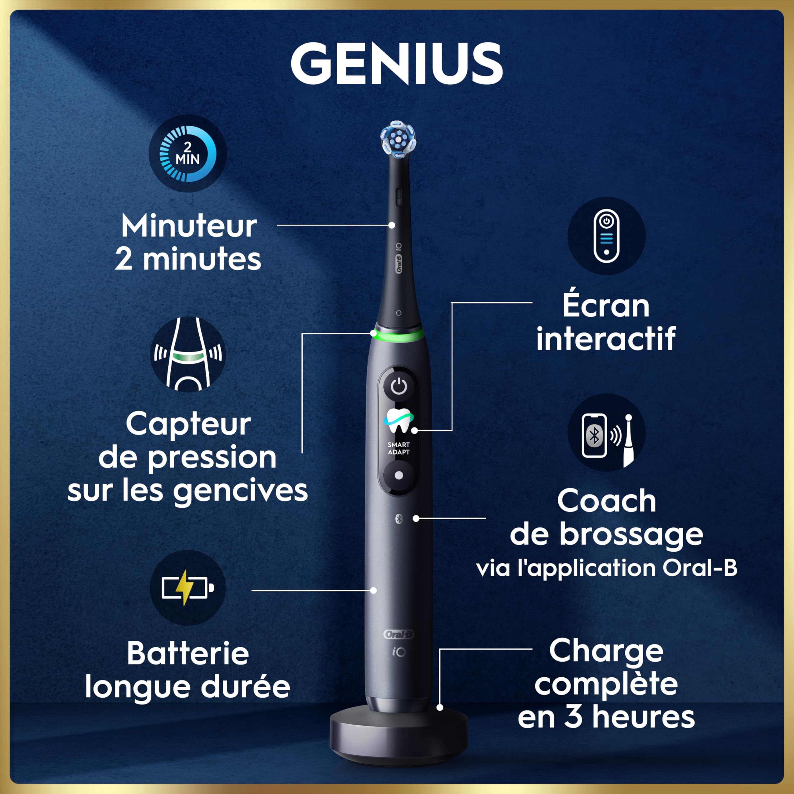 Oral-B Brosse à Dents Electrique iO 9, 3 Brossettes de Rechange, Noire – 7 Modes de Brossage dont Blancheur et Soin Gencives, Charge Rapide de la Batterie, Capteur de Pression, Détection IA, Etui