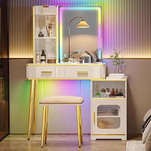 LVSOMT Vanity Desk with Mirror and Lights for Girls Gift, Small Makeup Vanity with Wireless Charging, Dressing Table with Lighting Mirror for Bedroom, Children's Room（Gloss White）