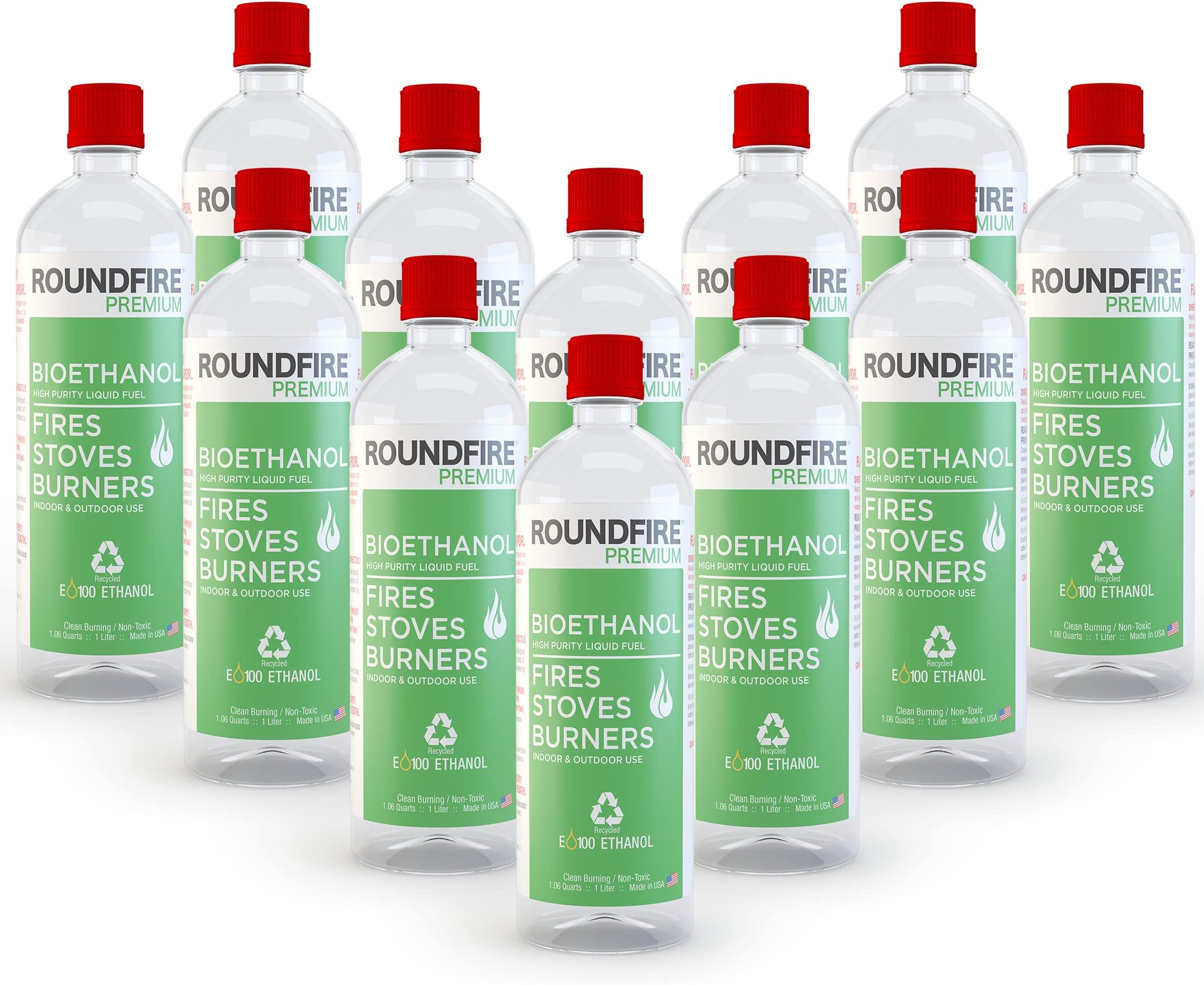 ROUNDFIRE Premium 12 x 1 Liter - Bioethanol Fuel for fireplaces, Stoves and Burners (12 Quart)