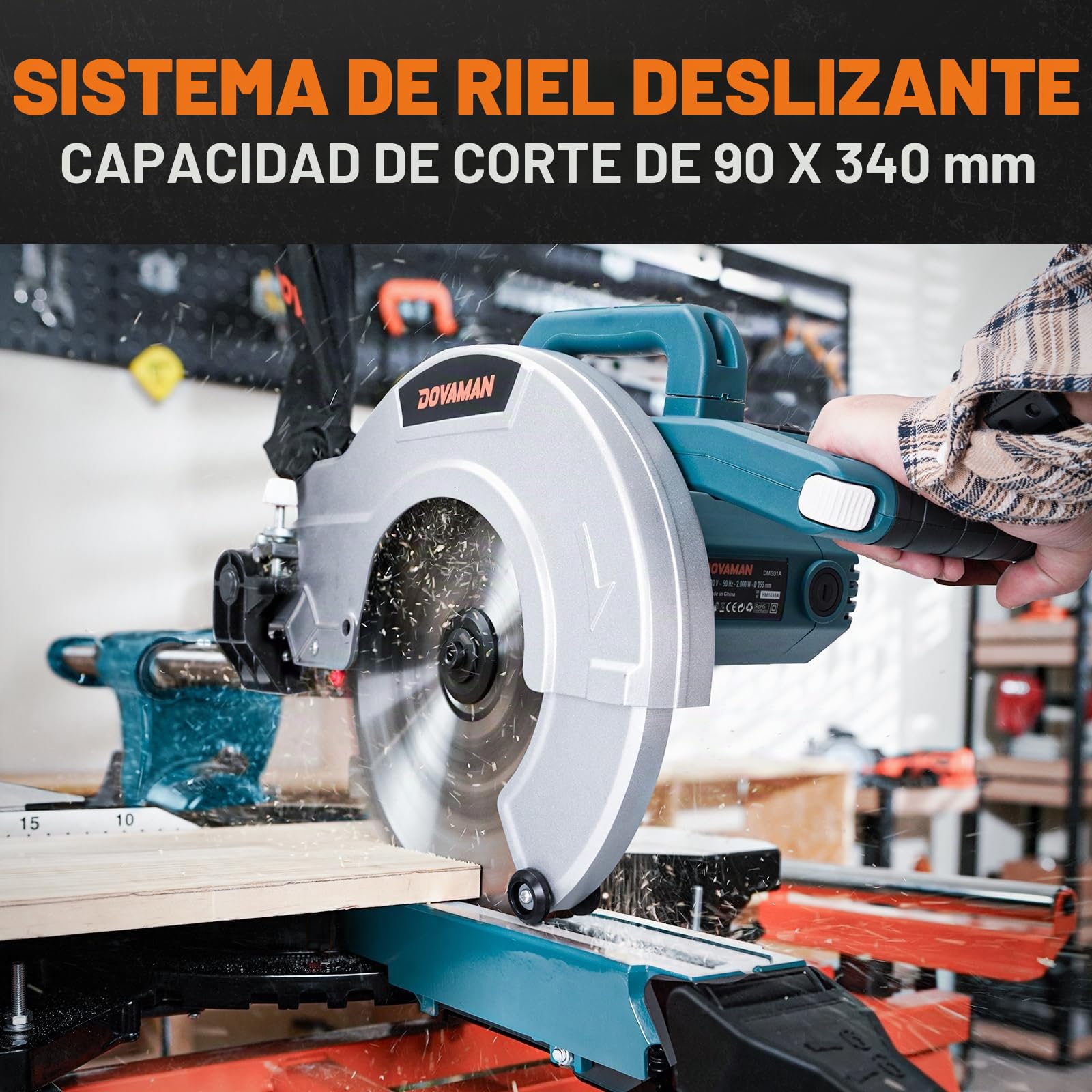 DOVAMAN DMS01A Sierra Ingletadora 2000W, 2 Velocidades 3200/5000 RPM, 3 Hojas TCT, Corte Máx 340x90mm, Inclinación 0–45°, Guía Láser, 9 Posiciones, Para Madera PVC Aluminio Metales Blandos