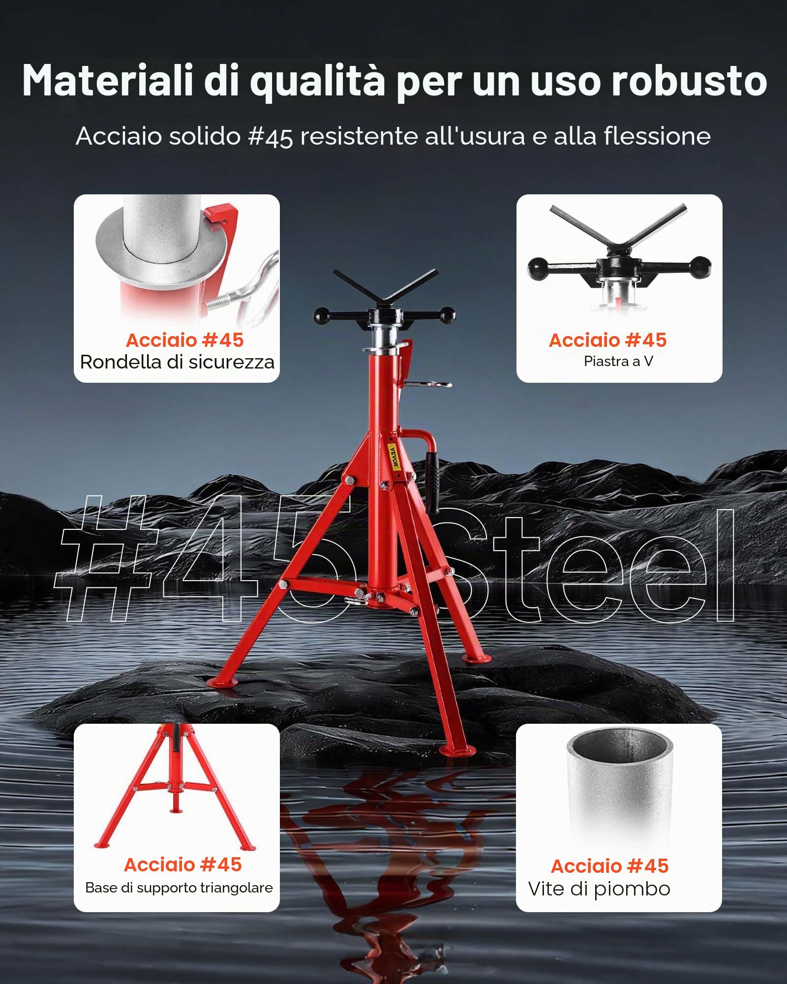VEVOR Cavalletto per tubo con testa a V Capacità 1/8"-12", Altezza regolabile 28"-52", Supporti per tubi 2500 libbre. Capacità di carico, Supporti per tubi pieghevoli portatili