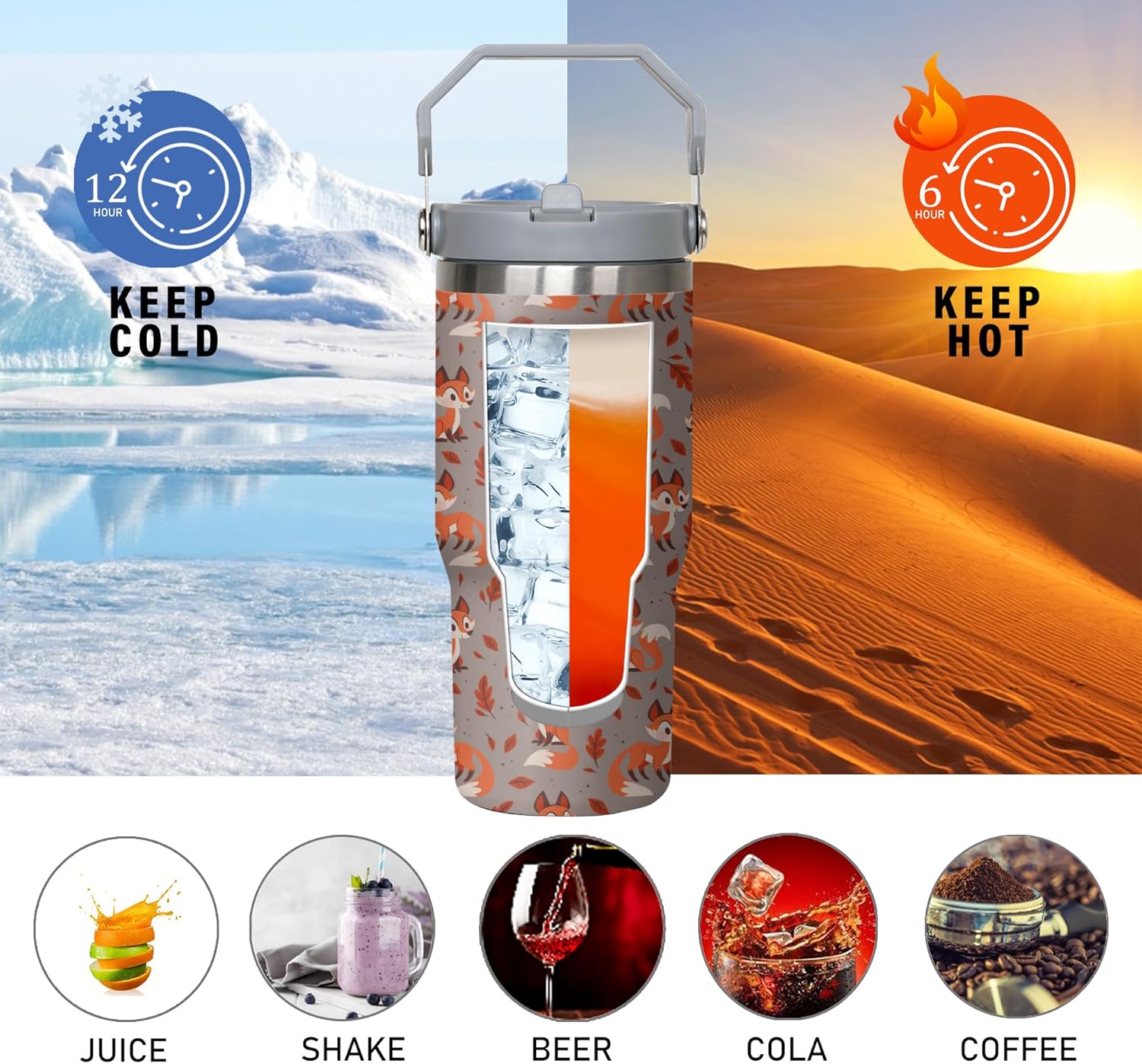 Fox Tumbler with Handle and Flip Straw for Women Men, 30oz Cute Stainless Steel Insulated Cup, Water Bottle Travel Coffee Mug, Gifts for Animal Lovers - Image 4