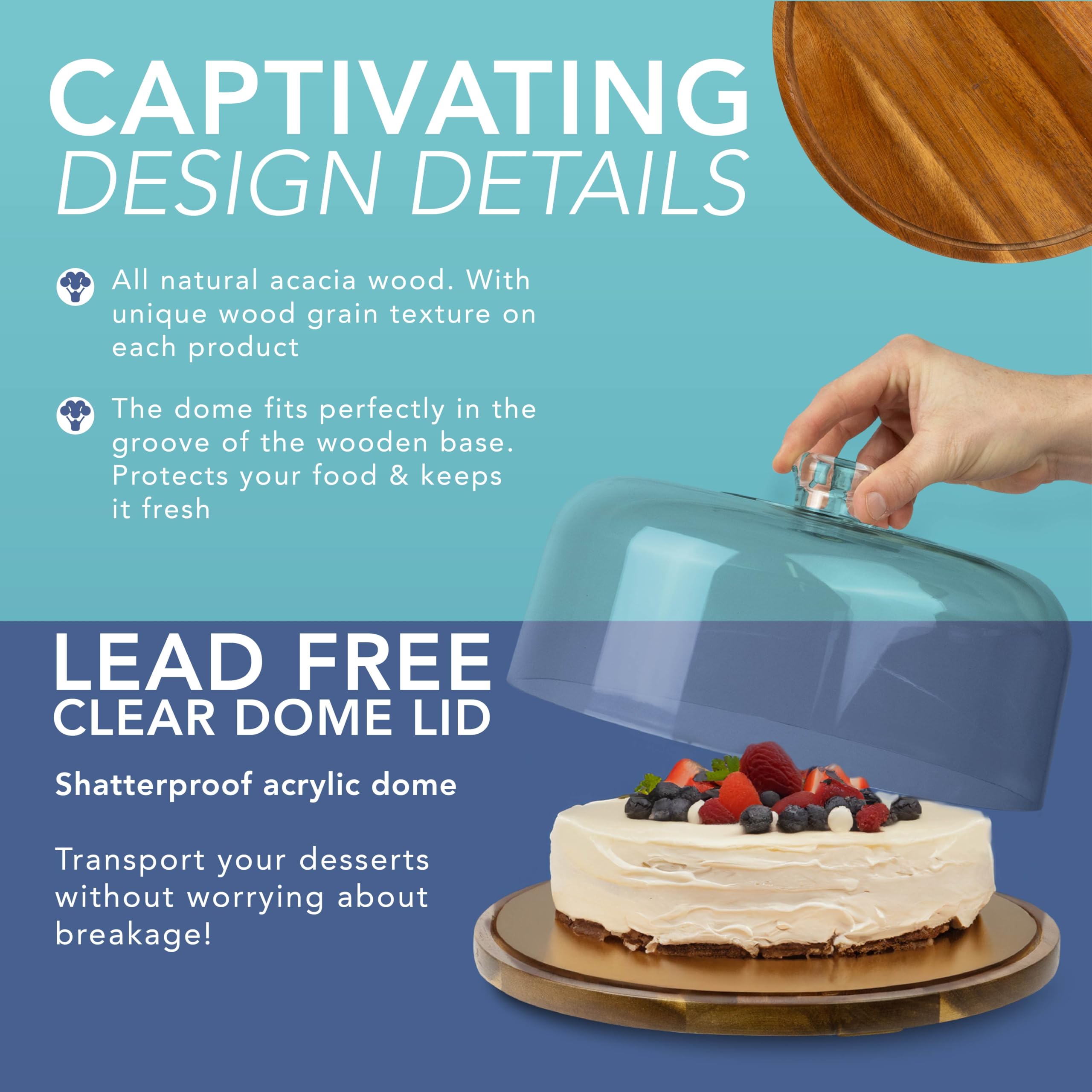 Alzata Per Torte Con Cupola HEFTMAN 25.4cm - Base Legno Acacia, Cupola Acrilico Trasparente, 2 In 1 - Foto 2