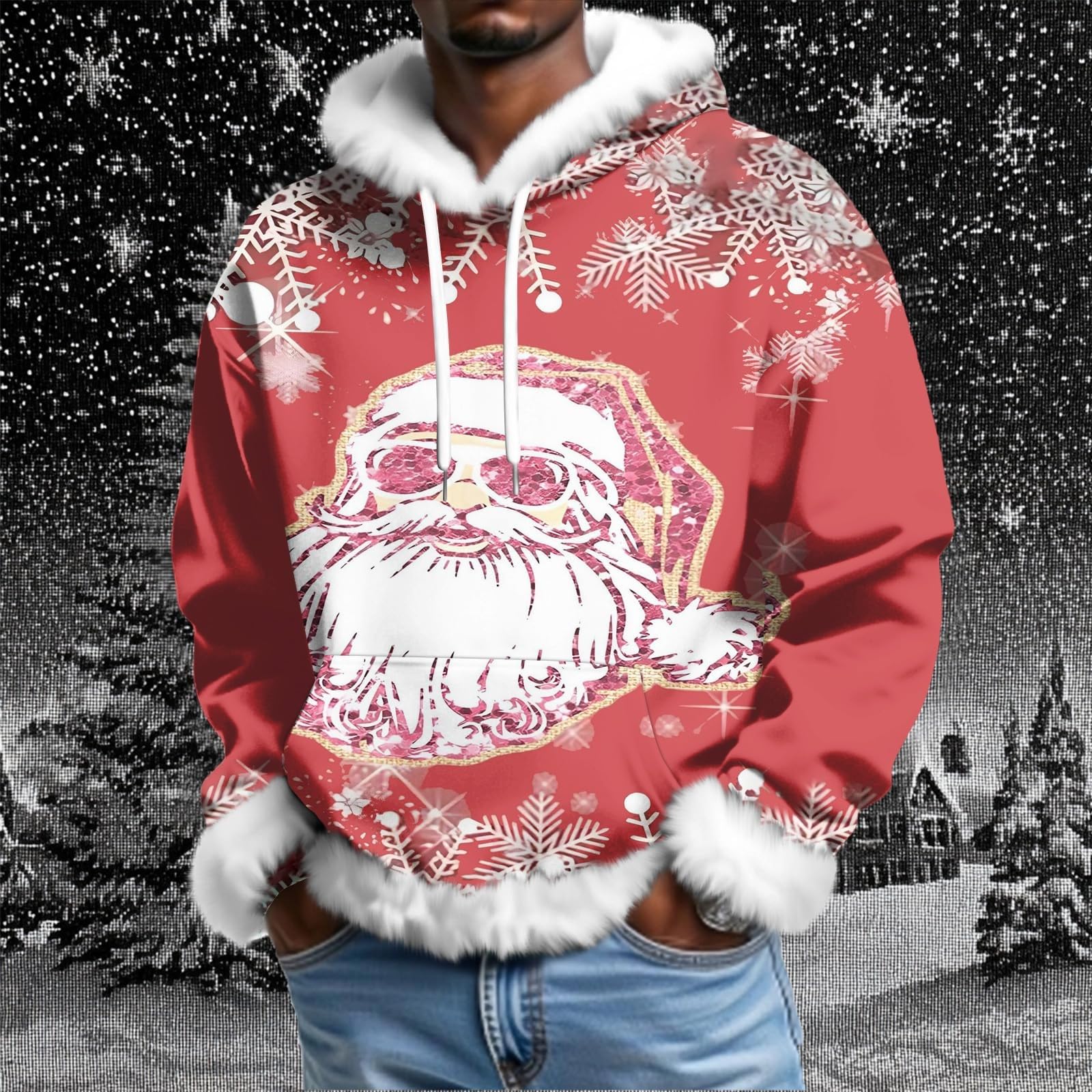 Sudadera con capucha de Navidad para hombre, divertida, de Papá Noel, de gran tamaño, ropa de Navidad de manga larga, suéter con ribete de felpa, novedad, trajes de Navidad, ropa de moda, regalos con