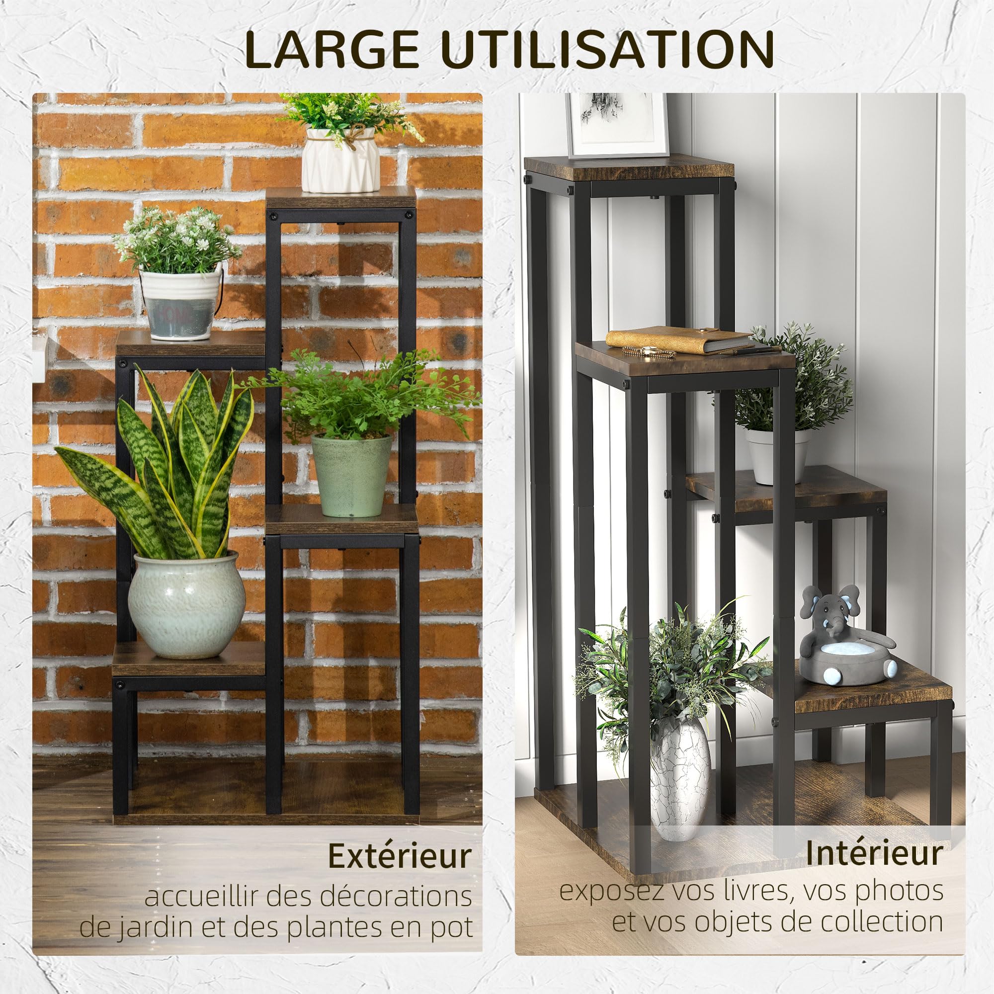 Outsunny Support pour Plantes 4 Étagères Porte-Plante 40 x 40 x 81 cm Noir | Étagère à Fleurs, Différentes Hauteurs, Structure Acier, Intérieur, 4 Plateaux