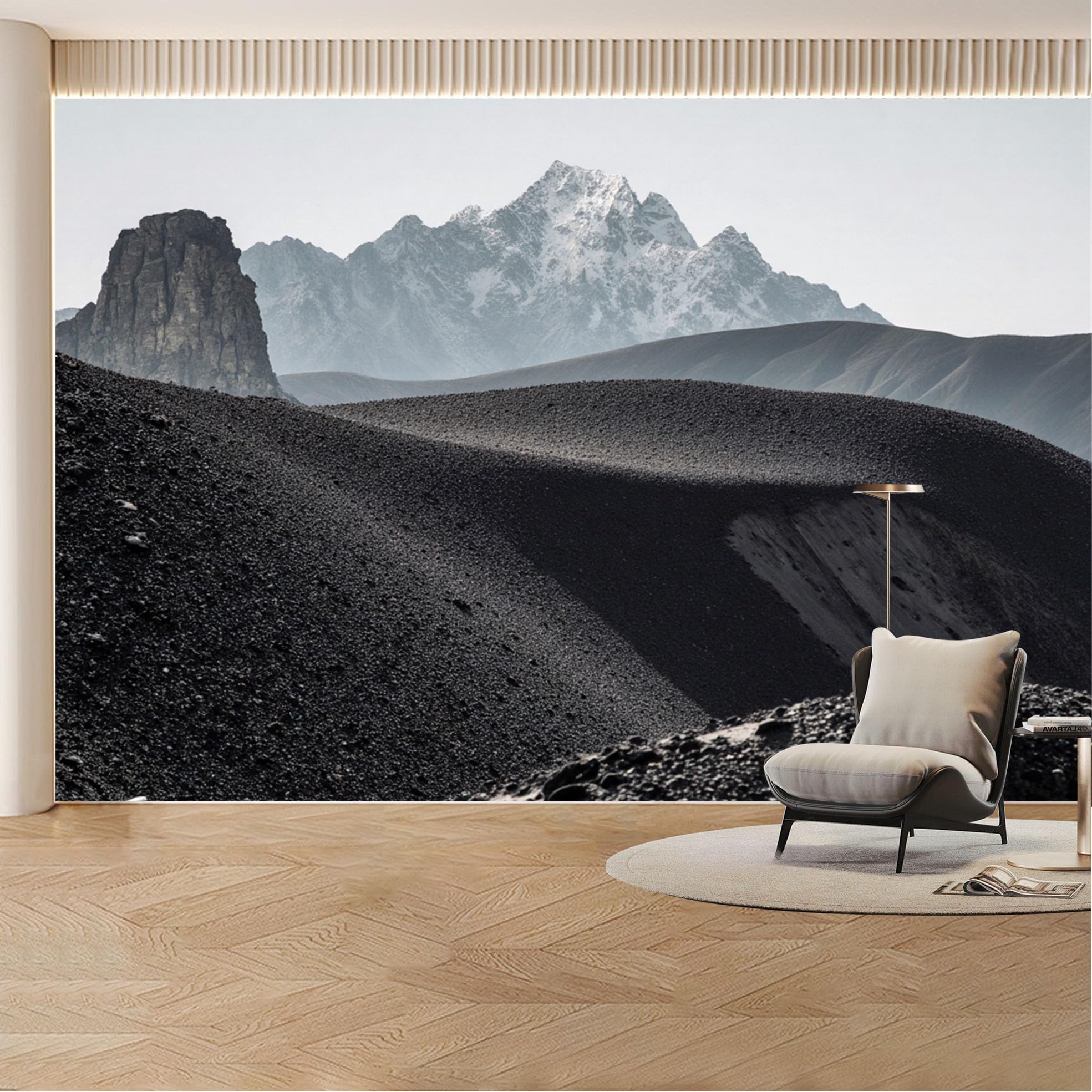 Custom Wall Mural Wallpaper Snowy Mountain Black Volcanic Hills， Nature Landscape 3D Effect Wall Decor， Minimalist Misty for Living Room， Bedroom， Office