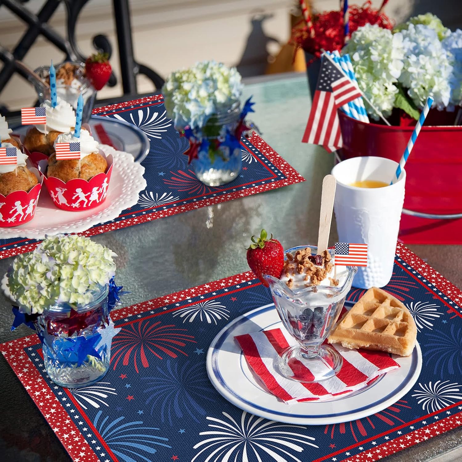 Patriotic Placemats 4th of July Stars Firework Place Mats for Dining Room Dinner Table Blue Red Washable Table Mats Independence Day Memorial Day Kitchen Decorations Set of 6
