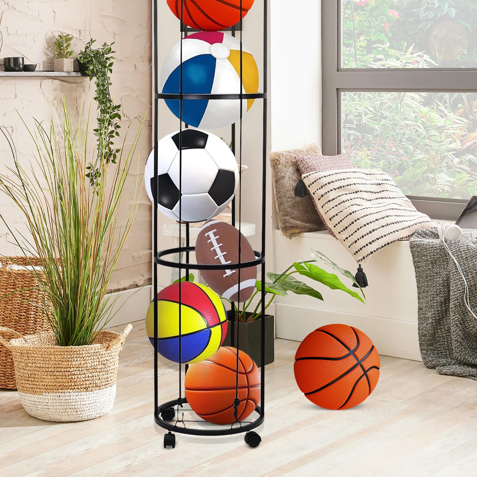 Aisny Portapalle da Calcio, 3 Livelli Supporto da Parete con Rotelle Supporto da Parete per Palloni da Calcio Nero Organizer Rimovibile per Palloni da Basket per Garage E Casa 144x30x30 Cm