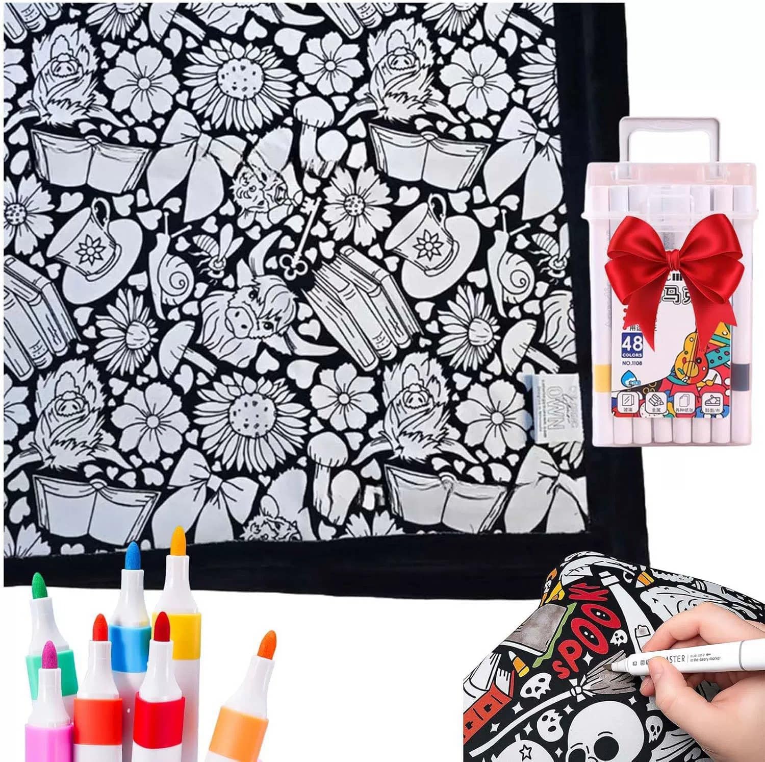 DIY Coloring Blanket for Adults, Color Your Own Blanket with 12 Markers, Washable Cozy Velvet Kit for Everyday Use & Home Decor, Adds a Unique Touch to Living Rooms or Kids' Spaces (bull 2)