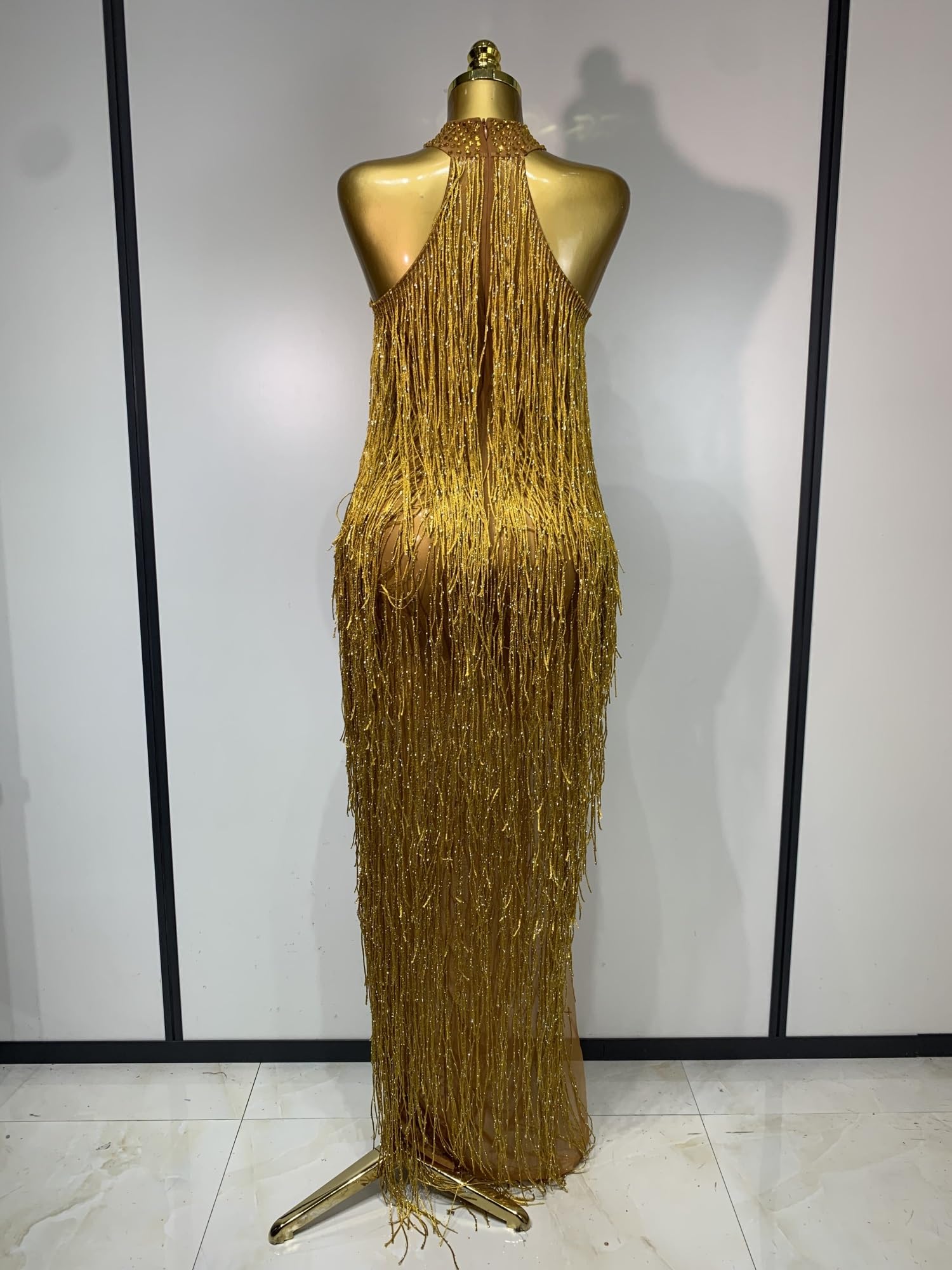 Vestido Sexy dorado con borlas de cristales brillantes for mujer, vestido elegante for graduación, fiesta noche, club nocturno, vestidos for sesión fotos cumpleaños para Bailes y Fiestas