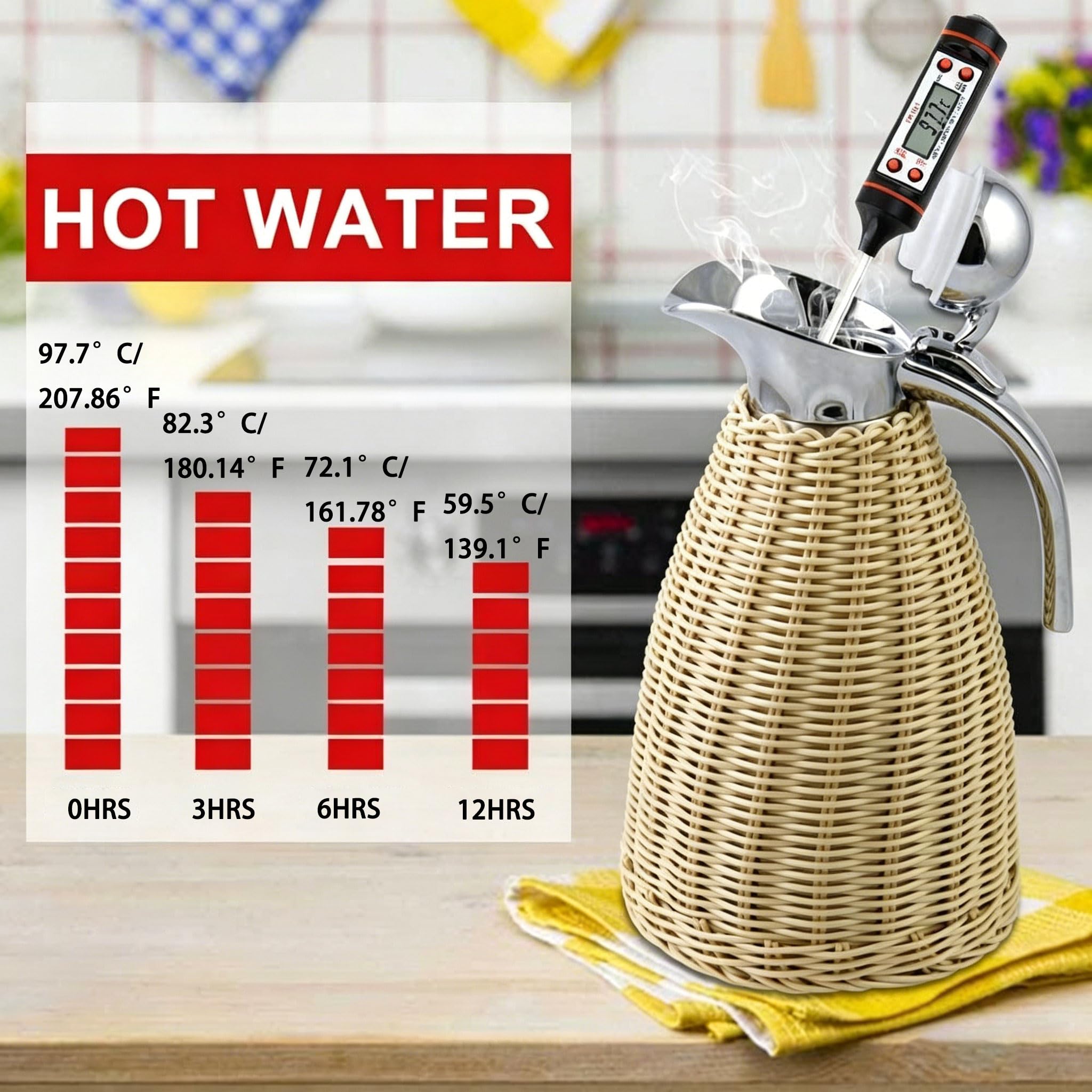 51 uncji (1,5 l) Butelka termiczna ze stali nierdzewnej, 1,5 l rattanowy izolowany dzbanek, podwójna ścianka próżniowa, do stołów jadalnych, kawiarni i sklepów z napojami (kolor