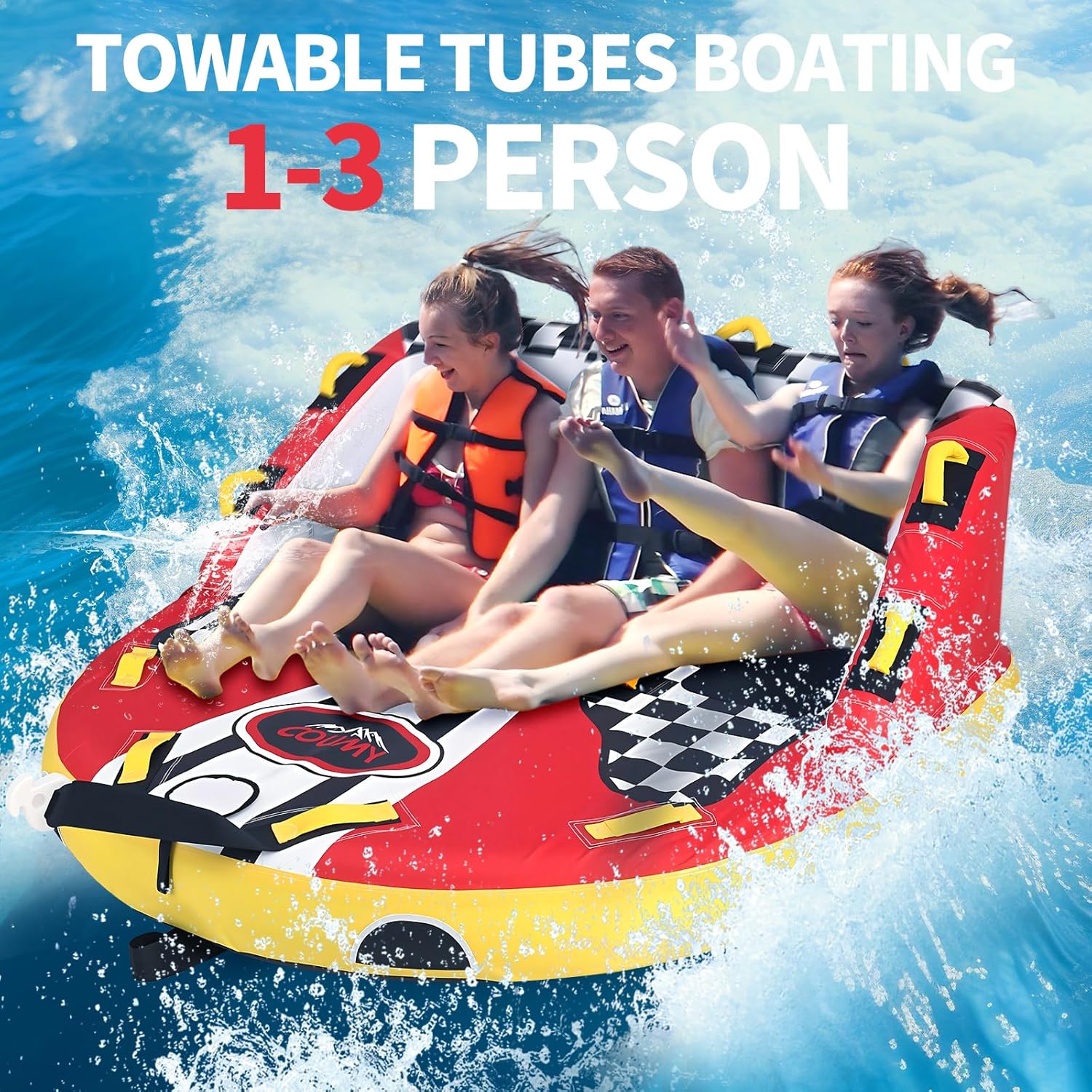 Towable Tubes for Boating,Pull Behind Tube Inflatable Towable Tube Inflatable Water Sports Towables for Boats Front & Back Tow Points w/Heavy-Duty Thick Nylon Cover for Summer 1-4 Person