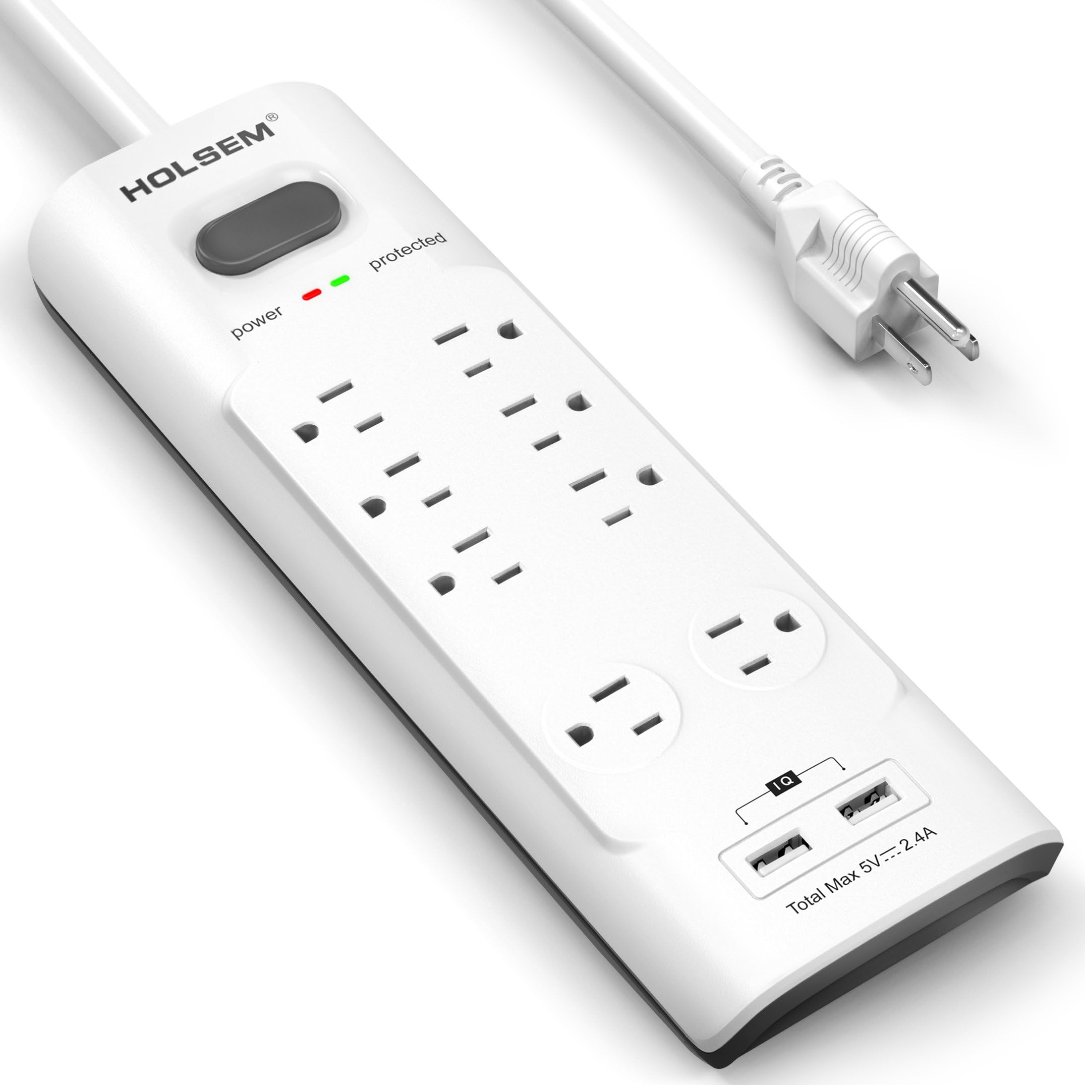 8 Outlets Surge Protector Power Strip with 2 USB Charging Ports (2.4 A, 5V) and 6’ Heavy Duty Extension Cord,White