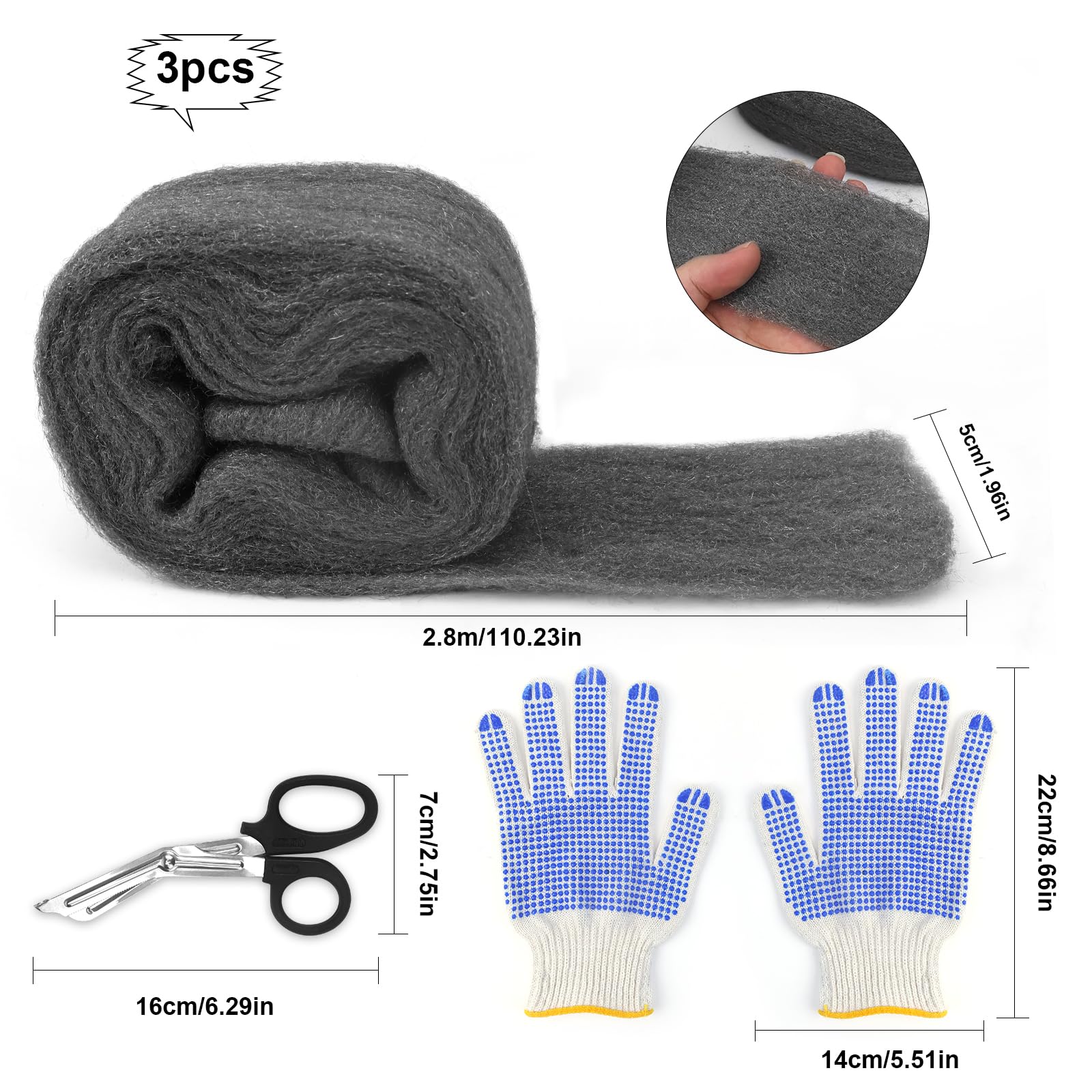 Set van 3 rollen staalwol met handschoenen en schaar voor het effectief Set van 3 rollen staalwol met handschoenen en schaar voor het effectief