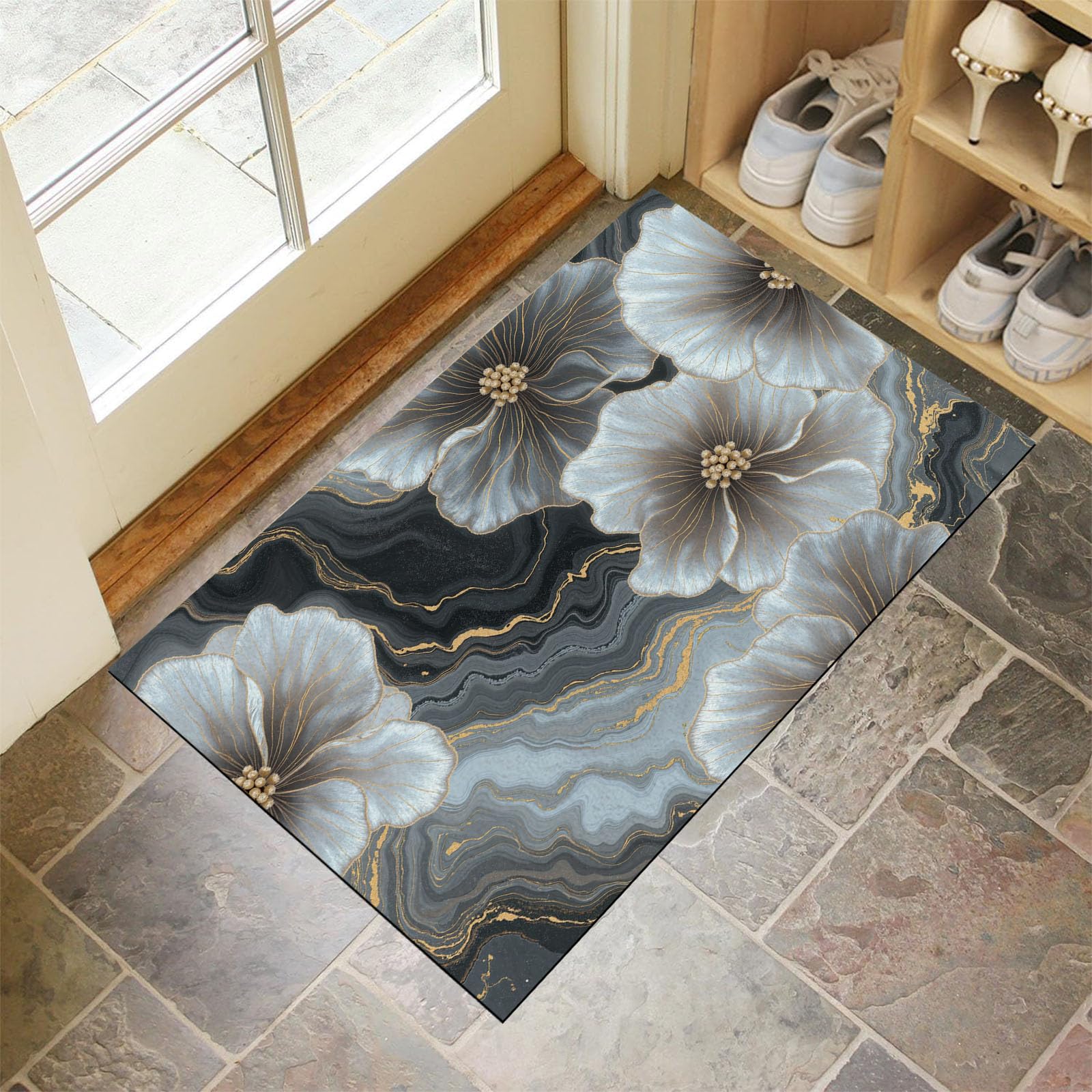 Tapis d'entrée abstrait or gris au design floral élégant pour hall contemporain