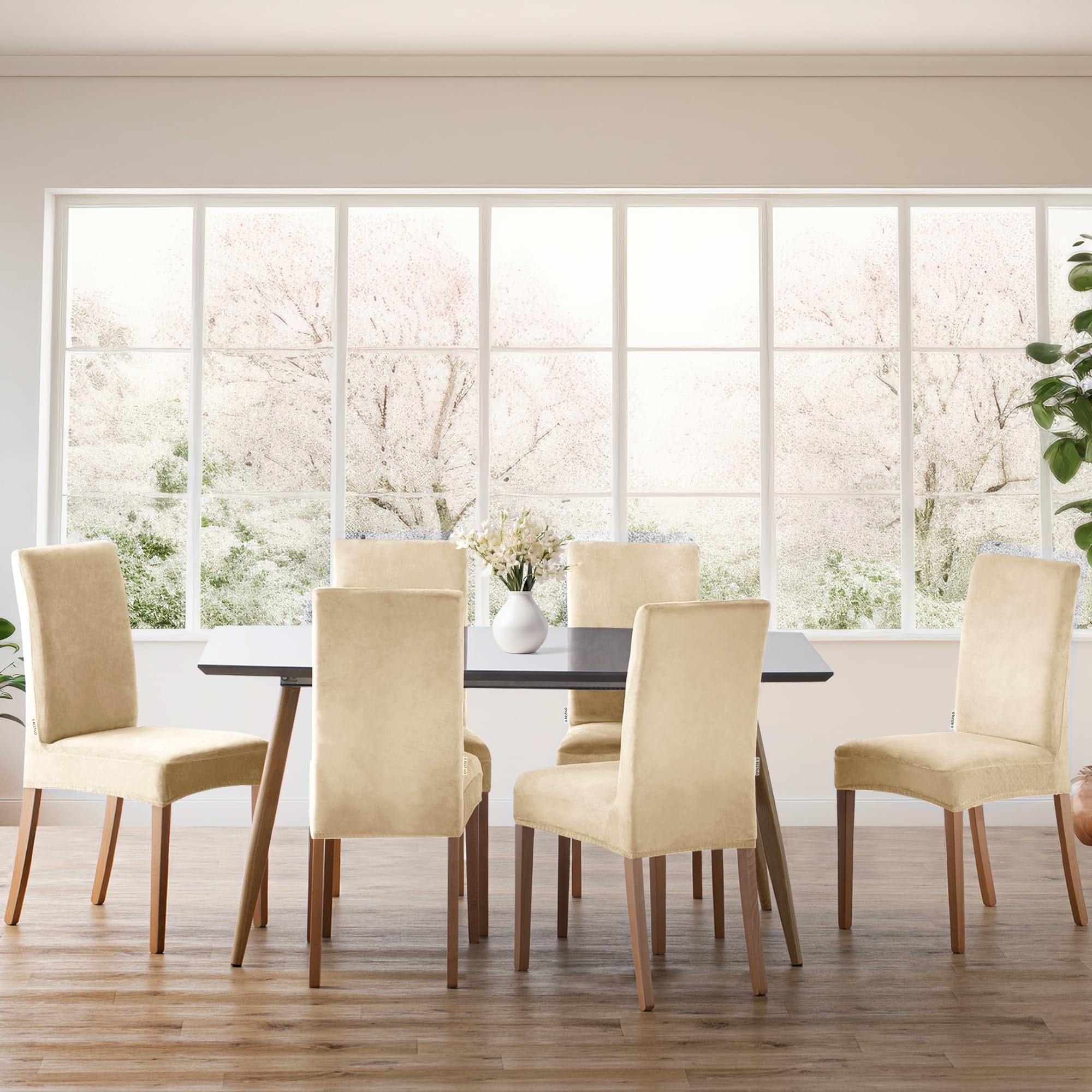 Lot de 6 Housses de Chaise Extensibles Amovibles et Lavables Beige Clair pour Salle à Manger