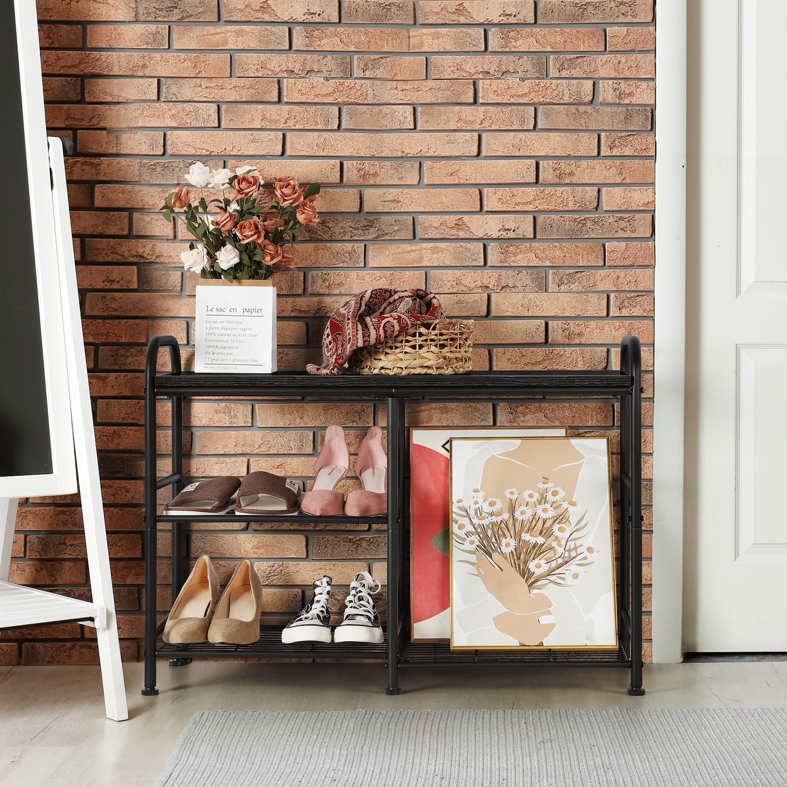 OYEAL Shoe Rack Bench for Entryway Shoe Organizer Free Standing Industrial Shoe Storage Shelf with Boot Organizer 3-Tier Shoe Rack Organizer for Bedroom Living Room Balcony, Black