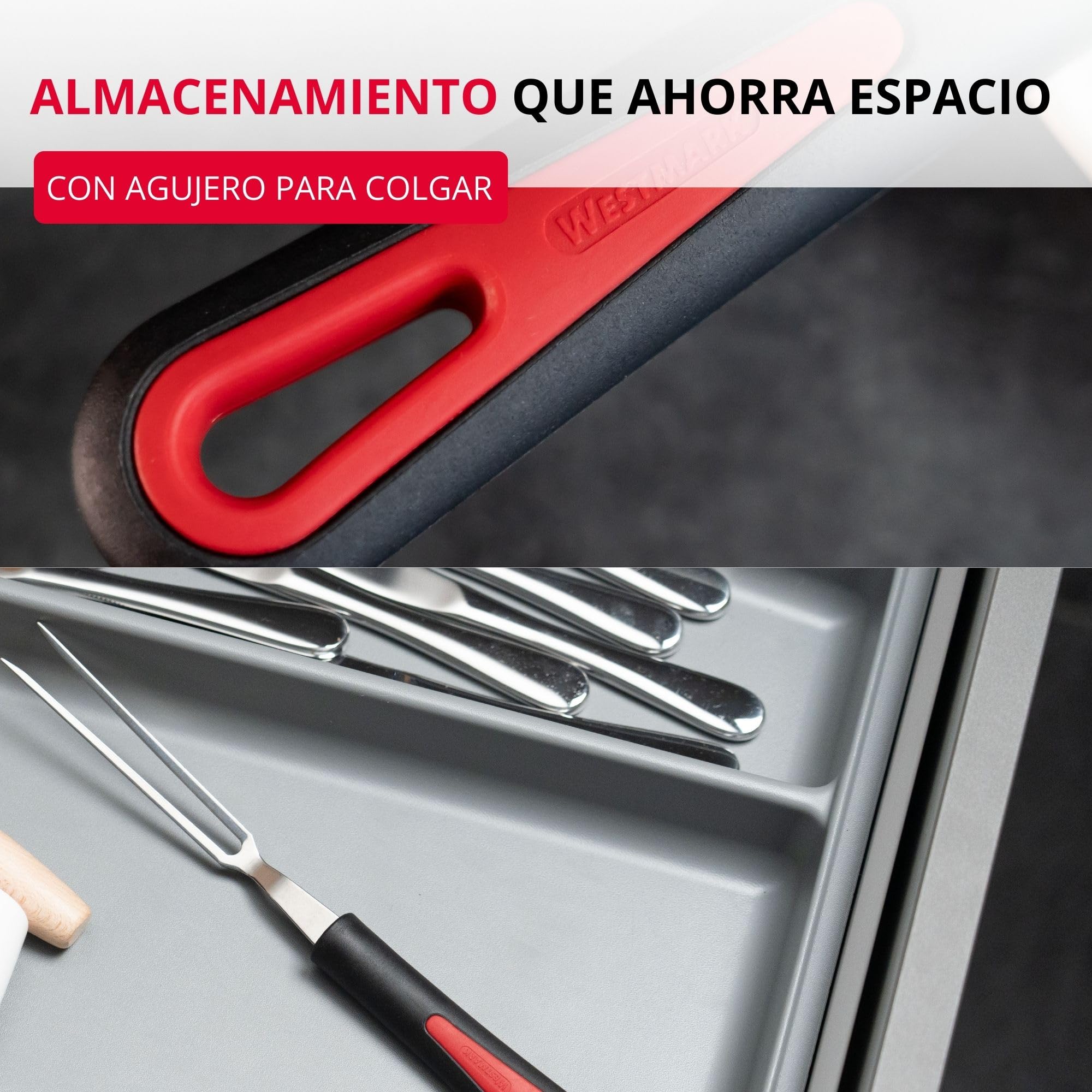 Westmark Tenedor de trinchar, dientes largos, delgados, mango ergonómico, plástico y acero inoxidable, Gallant negro, rojo y plateado, 29492270