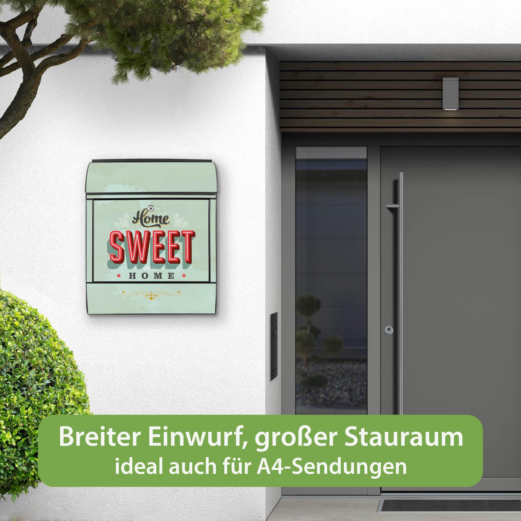 banjado Design Briefkasten 38,5x46,5x13cm & 2 Schlüssel - Briefkasten Stahl Schwarz mit Zeitungsfach pulverbeschichtet - Postkasten A4 Einwurf inkl. Montagematerial - Motiv Home Sweet Home