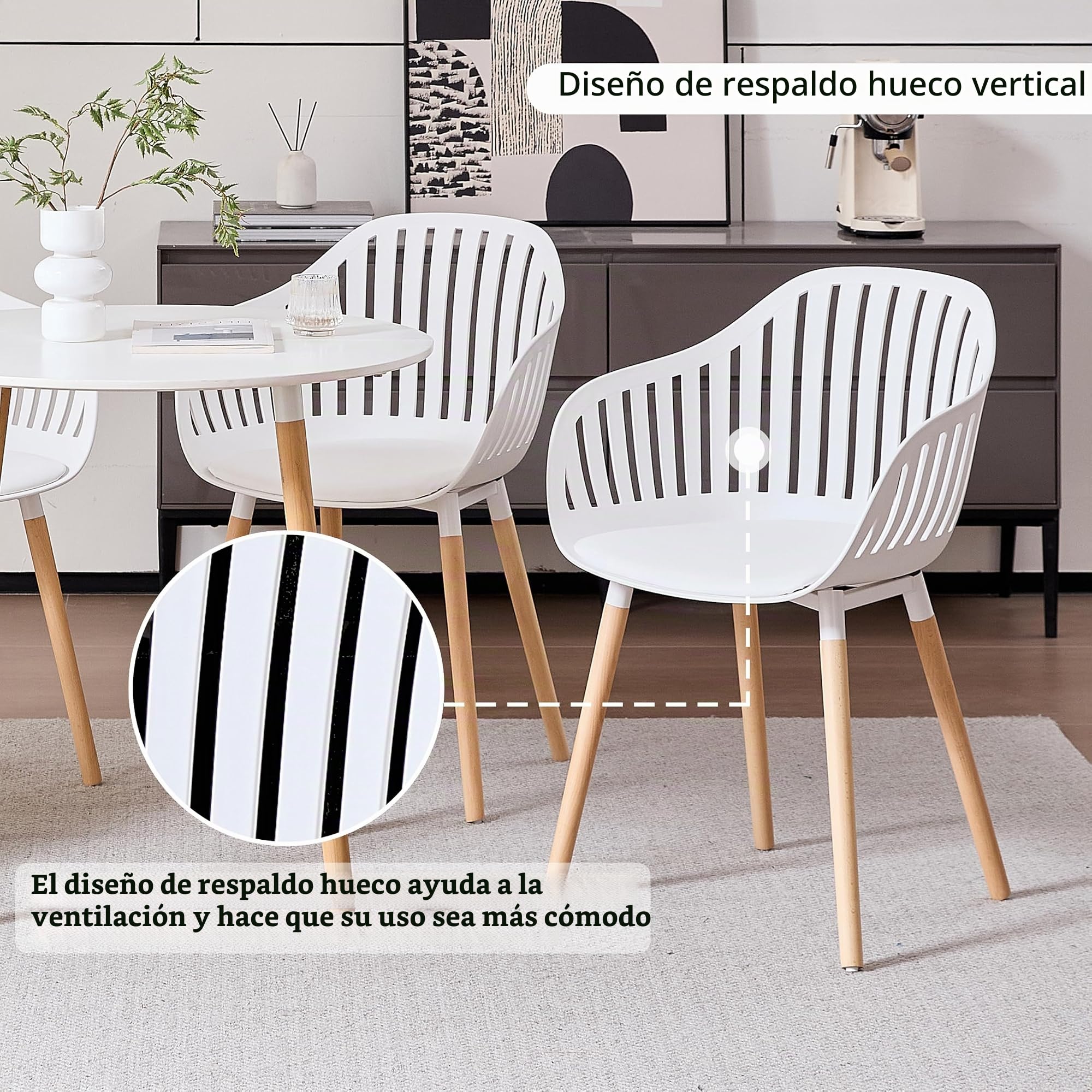 Juego de 4 Sillas de Comedor, Silla de Cocina con Cojines y Reposabrazos de Cuero, Silla con Respaldo Hueco, Adecuada para Sala de Estar, Cocina, Patio - Blanco