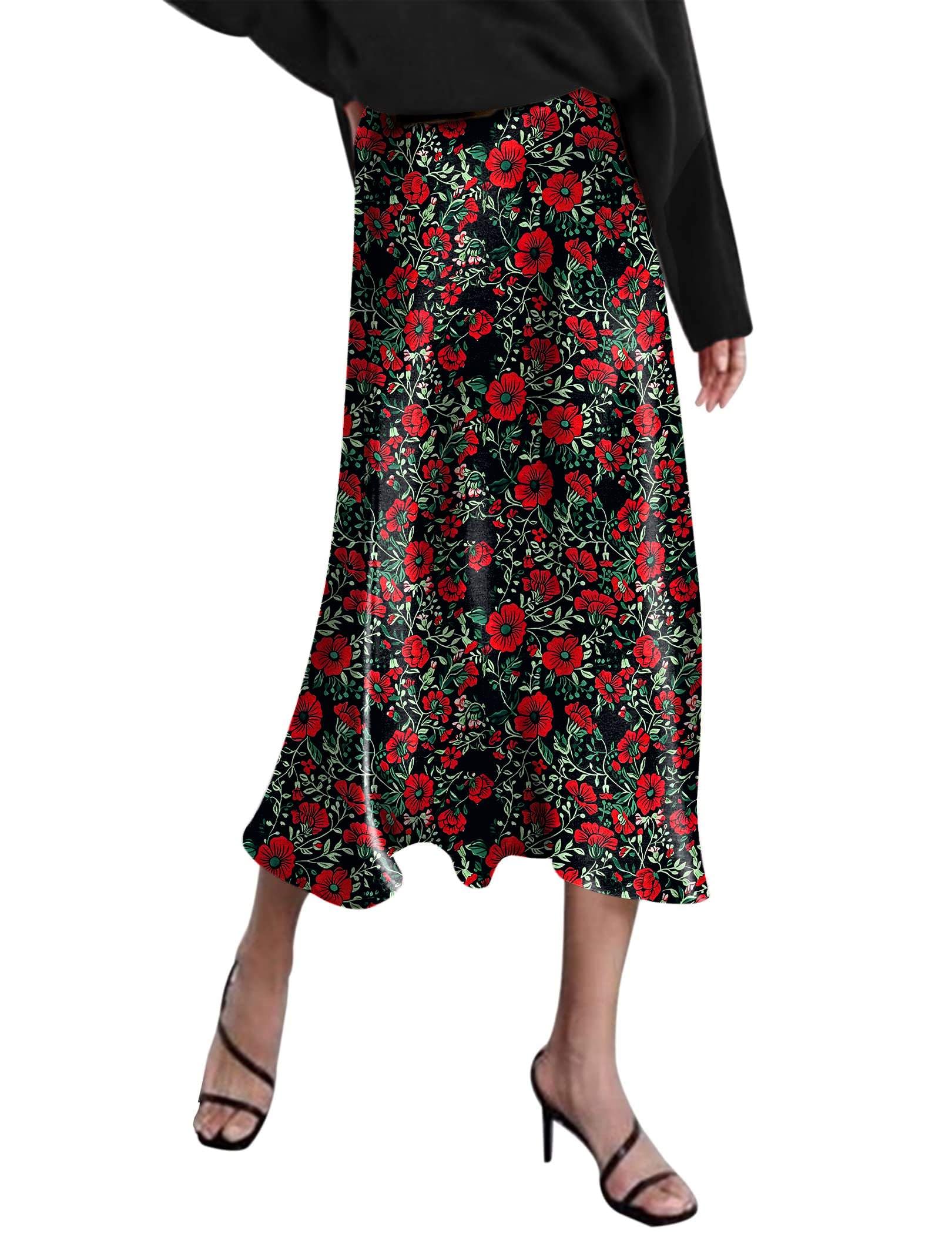 HOTOUCH Womens Midi Skirt High Waisted Solid Satin Dress Zipper Elegant Work Skirts