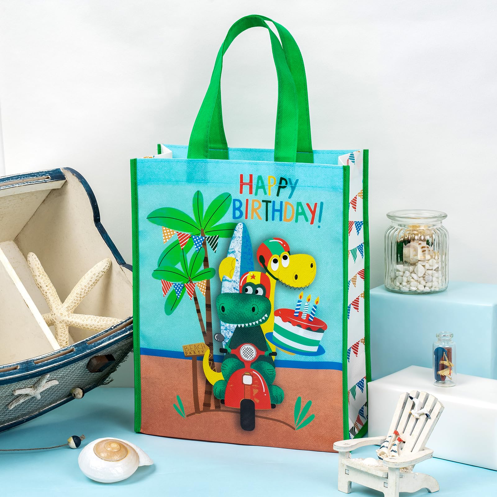 WRAPAHOLIC Large Reusable Dinosaur Birthday Gift Bag with Handles - 10 x 5 x 13 inch - Dinosaur Happy Birthday