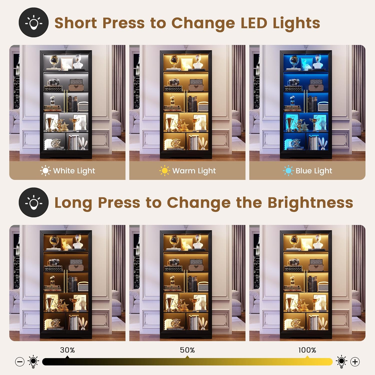 LVSOMT Display Cabinet with Glass Doors and Adjustable Shelves, 65" Tall Bookcase with LED Lights and Human Sensor, 5 Tier Display Case for Collectibles with Storage, Home Office Living Room, Black