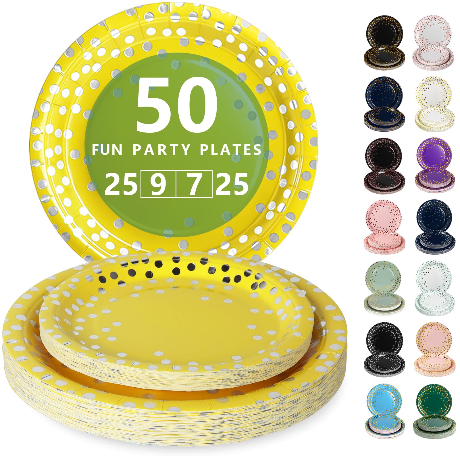 Nkaiso Disposable Paper Plates 50 Pack, Yellow and Silver Plates Party Dinner Set - 25x9inch & 25x7inch Plate Elegant Disposable Tableware for Birthday, Wedding, Christmas Party Supplies