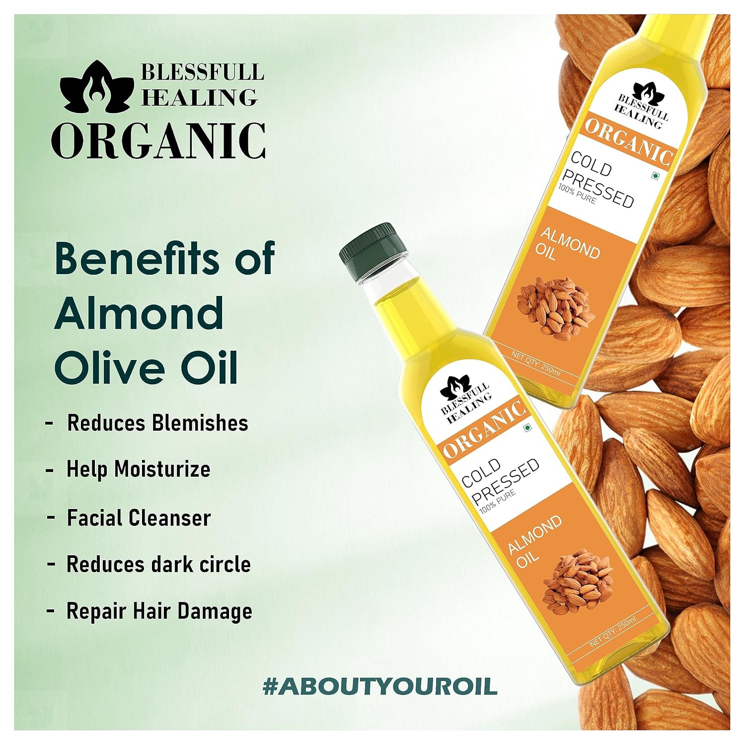 Blessfull Healing Organice Cold Pressed Almond Oil For Healthy Cooking 250 ml / 8.45 fl oz Pack Of 2