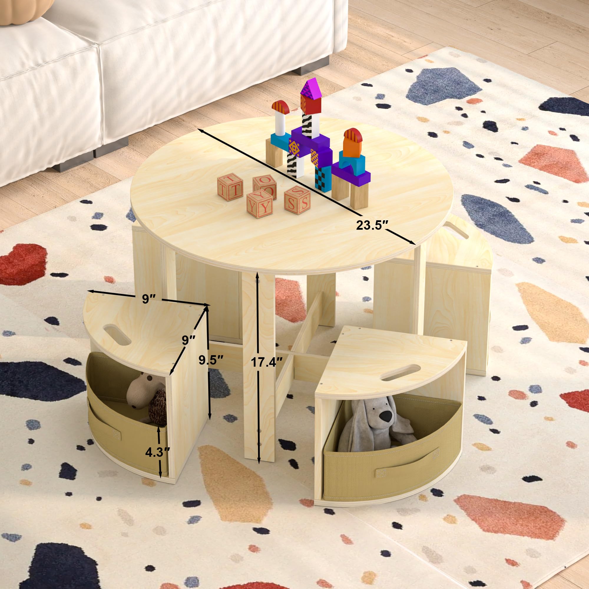 Puecrof Table pour enfant avec 4 tabourets et espace de rangement - Salon rond en bois pour chambre d'enfant, jeu et bricolage - Design peu encombrant en blanc naturel
