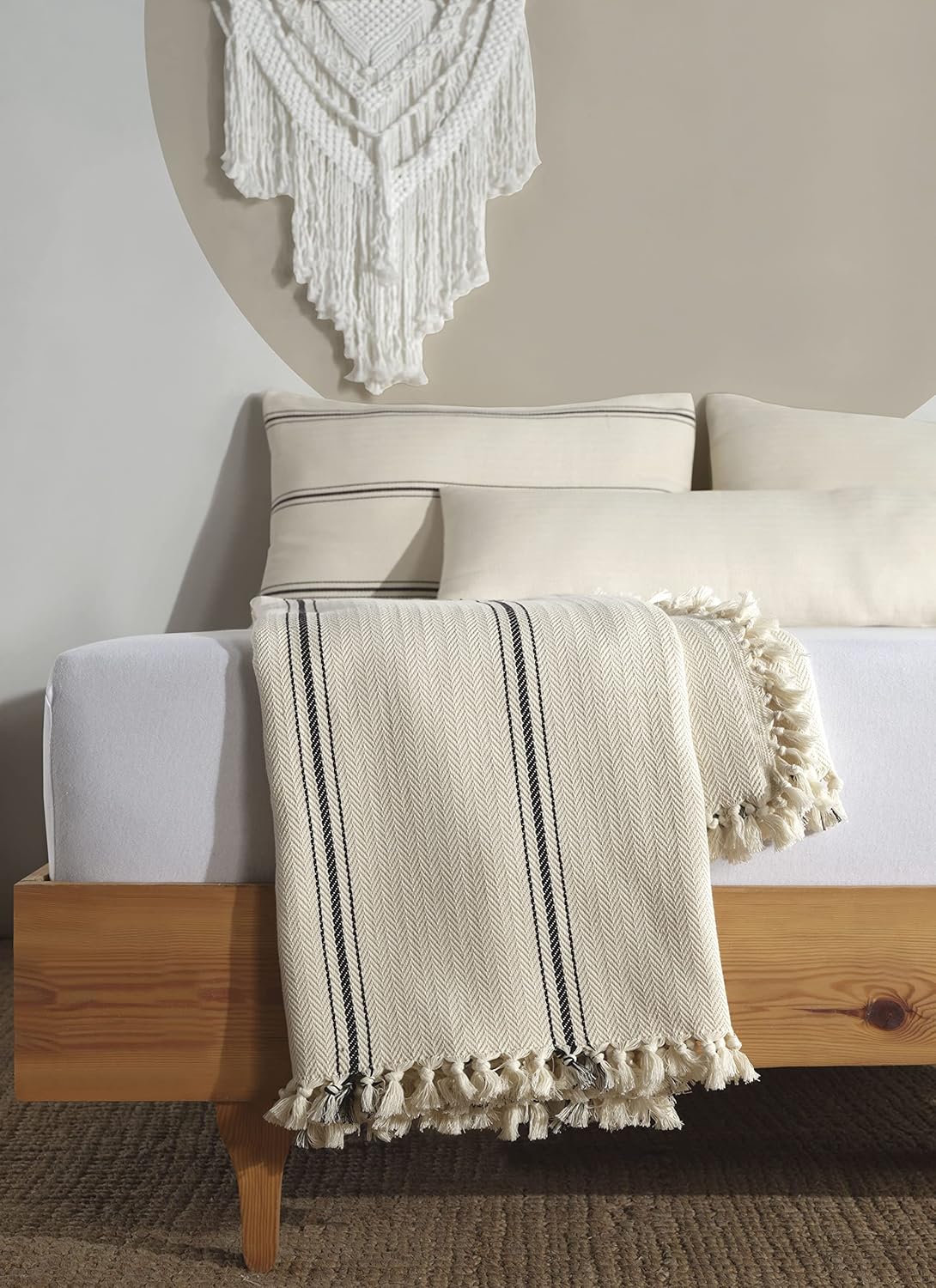 Handmade Undyed Natural Cotton Throw Blanket with Fine Black Pinstripes – Soft, Lightweight, All-Around with Fringes, Timeless Sofa & Rocking Chair Décor (Ivory & Pinstripe, 53'' x 75'')