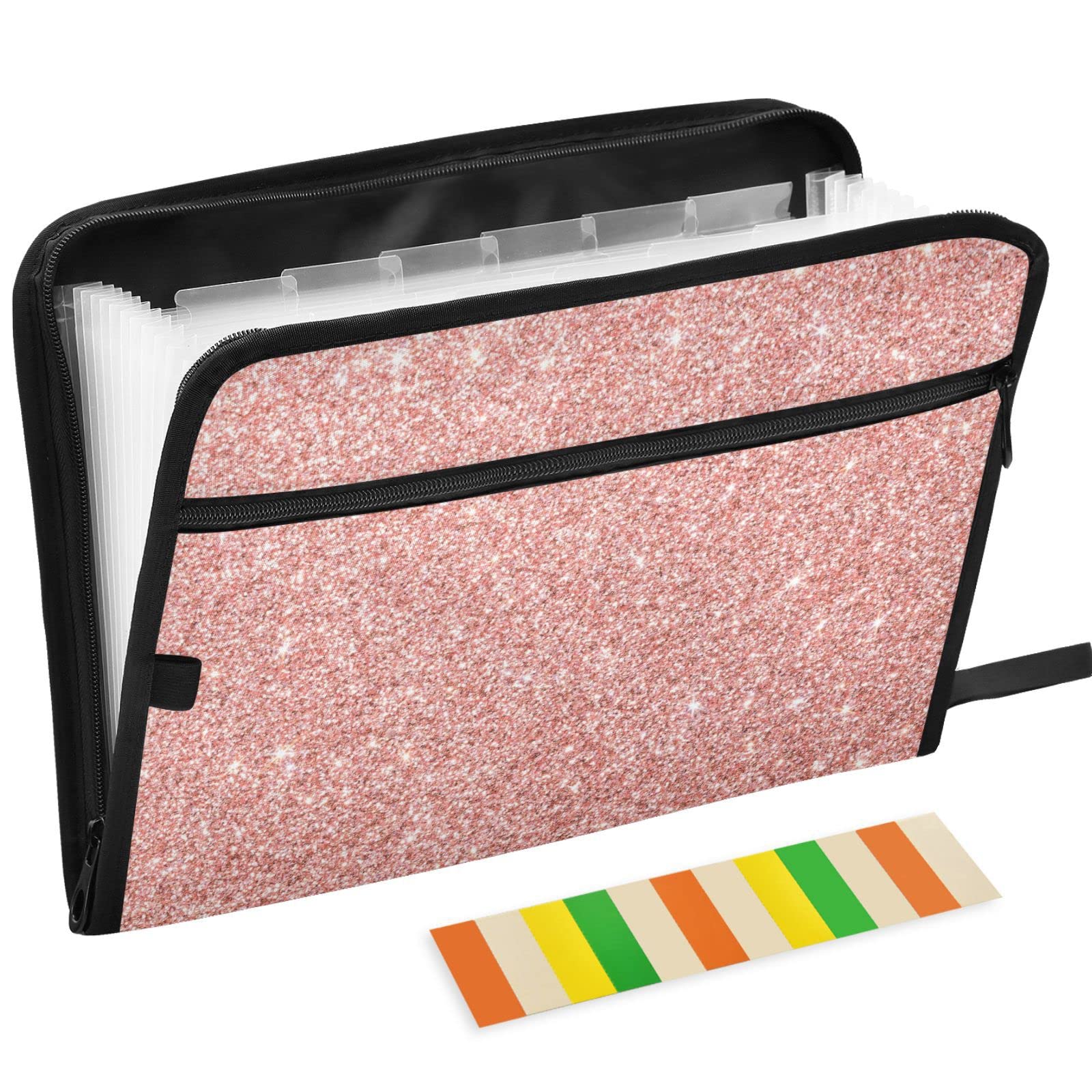 Pink Glitter Expanding File Folder with Sticky Labels 13 Pocket Light Pink Accordion File Folder Document Organizer with Zipper Closure Letter A4
