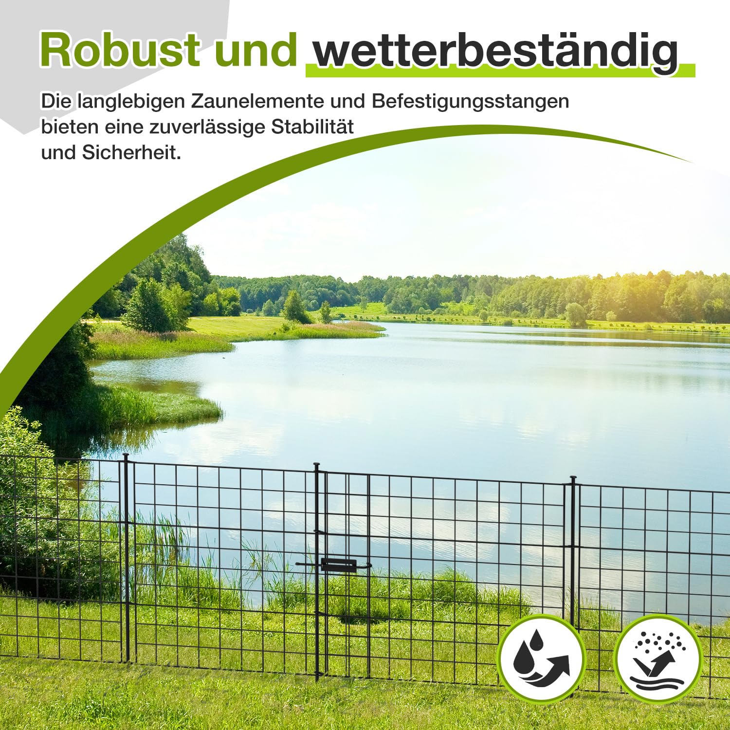 Dekorative Gartenzaun, Teichzaun Set 1 Tor+4 Teichzaun Steckzaun Metall mit Zaunelemente und Freigehege Gartenzaun Tiergehege, mit Schloss, Haustier Zaun (Gerade, Grün)