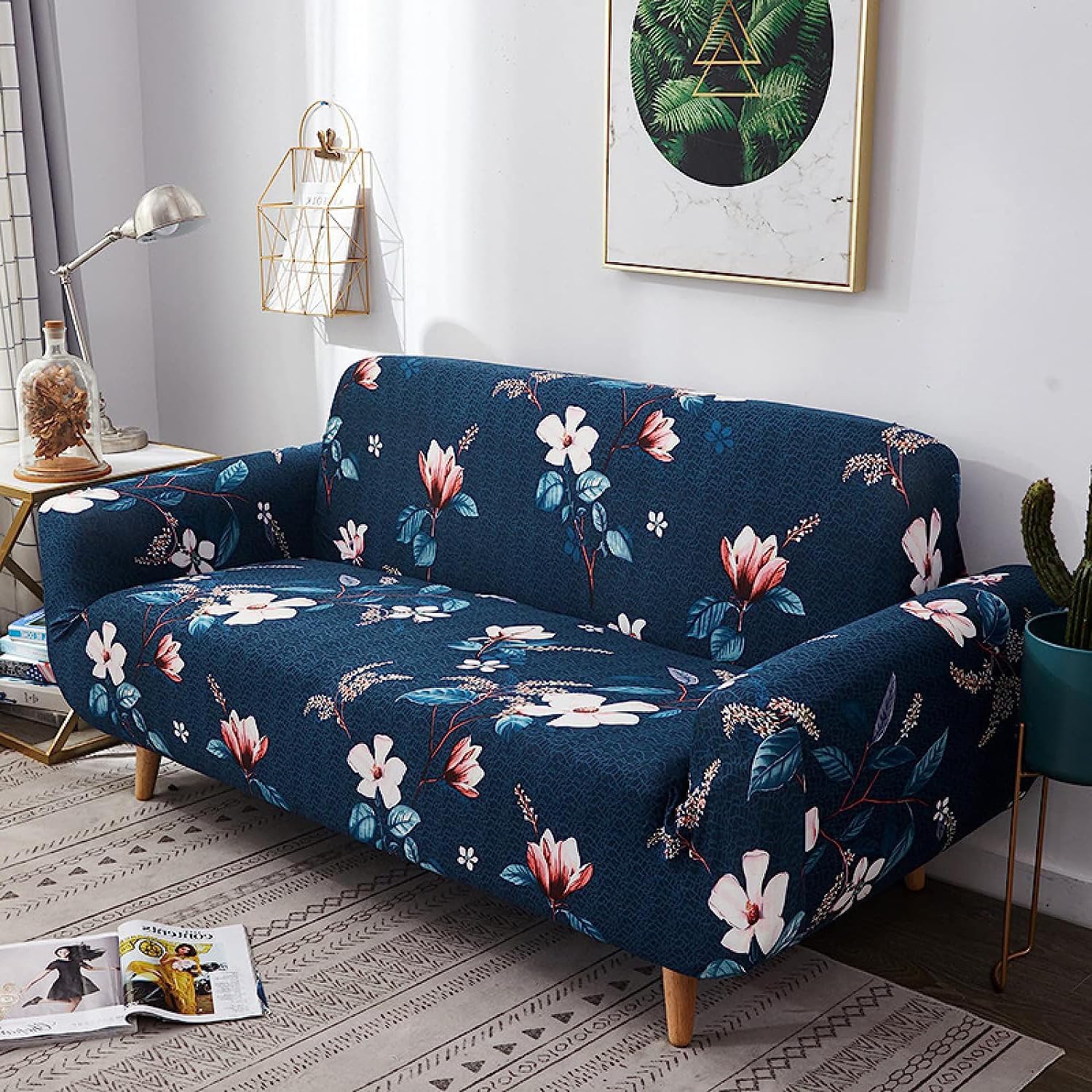 House of Quirk Universal Four Seater Sofa Cover Big Elasticity Cover for Couch 140 GSM Sofa Slipcover (Dark Blue Lotus, 230-300cm)